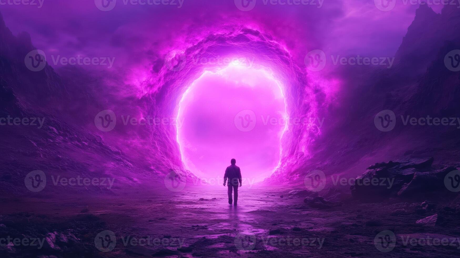 figure stands before glowing purple portal in mystical landscape, surrounded by dark mountains and ethereal atmosphere. scene evokes sense of wonder and exploration photo