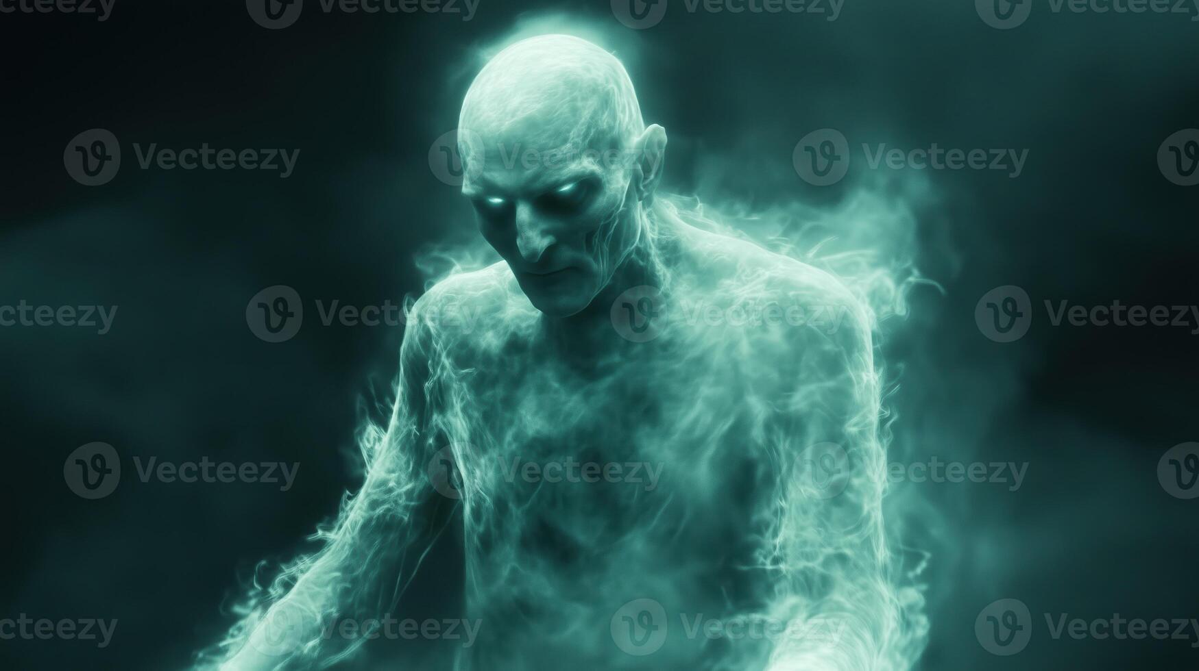 ghostly figure emerges from misty haze, exuding eerie and supernatural presence. translucent form, with glowing eyes, evokes sense of mystery and intrigue photo