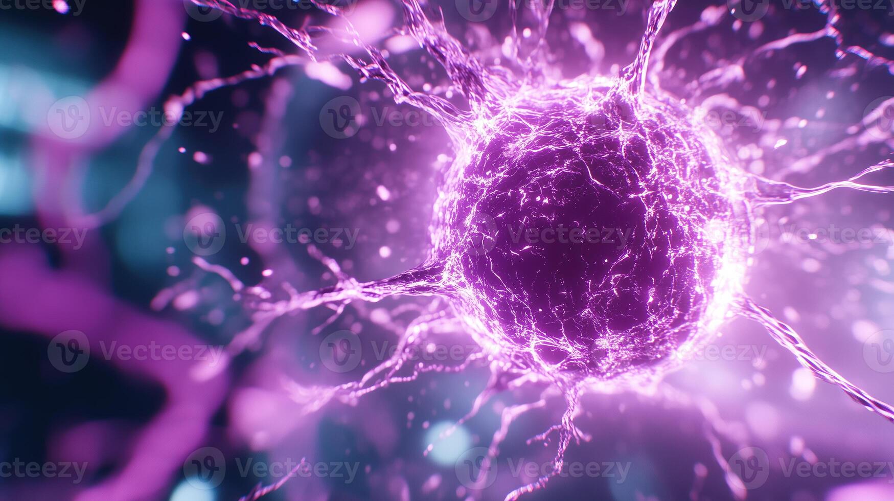 vibrant purple cell with glowing tendrils radiates energy, representing intricate beauty of cellular structures. This captures essence of life at microscopic level, evoking sense of wonder and photo
