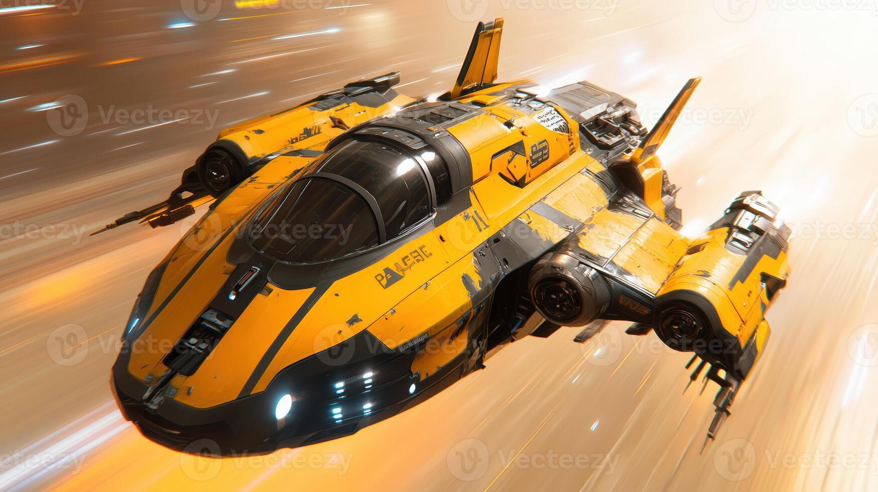 Futuristic spaceship soaring through space, showcasing sleek design with vibrant yellow and black colors. dynamic motion creates sense of speed and adventure photo