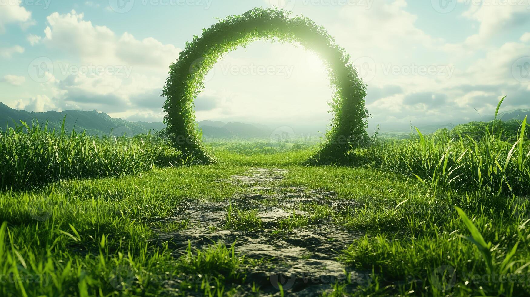 serene landscape featuring stone path leading through lush green grass towards circular arch covered in vines, illuminated by soft sunlight. scene evokes sense of tranquility and wonder photo