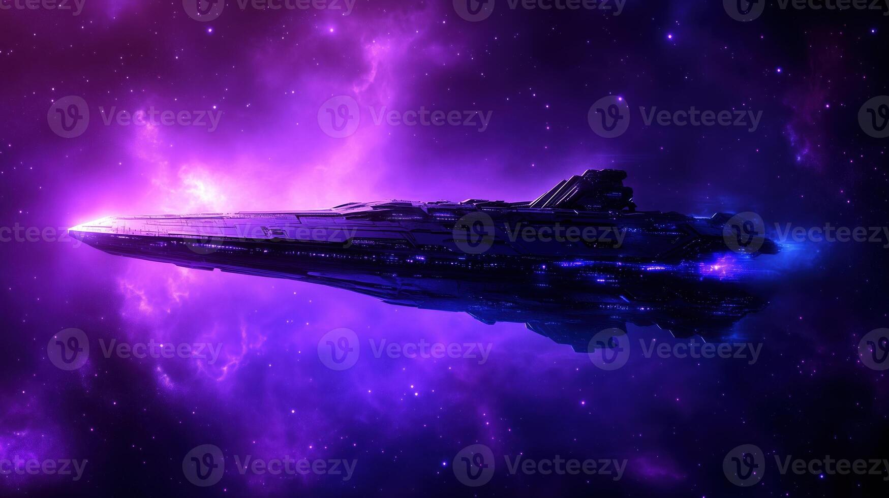 futuristic spaceship glides through vibrant cosmic landscape filled with purple and blue nebulae, creating sense of wonder and exploration in vastness of space photo