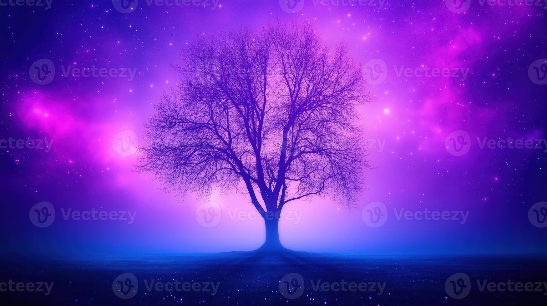 solitary tree stands against vibrant purple and blue cosmic backdrop, creating serene and mystical atmosphere. starry sky enhances enchanting scene, evoking sense of wonder and tranquility photo