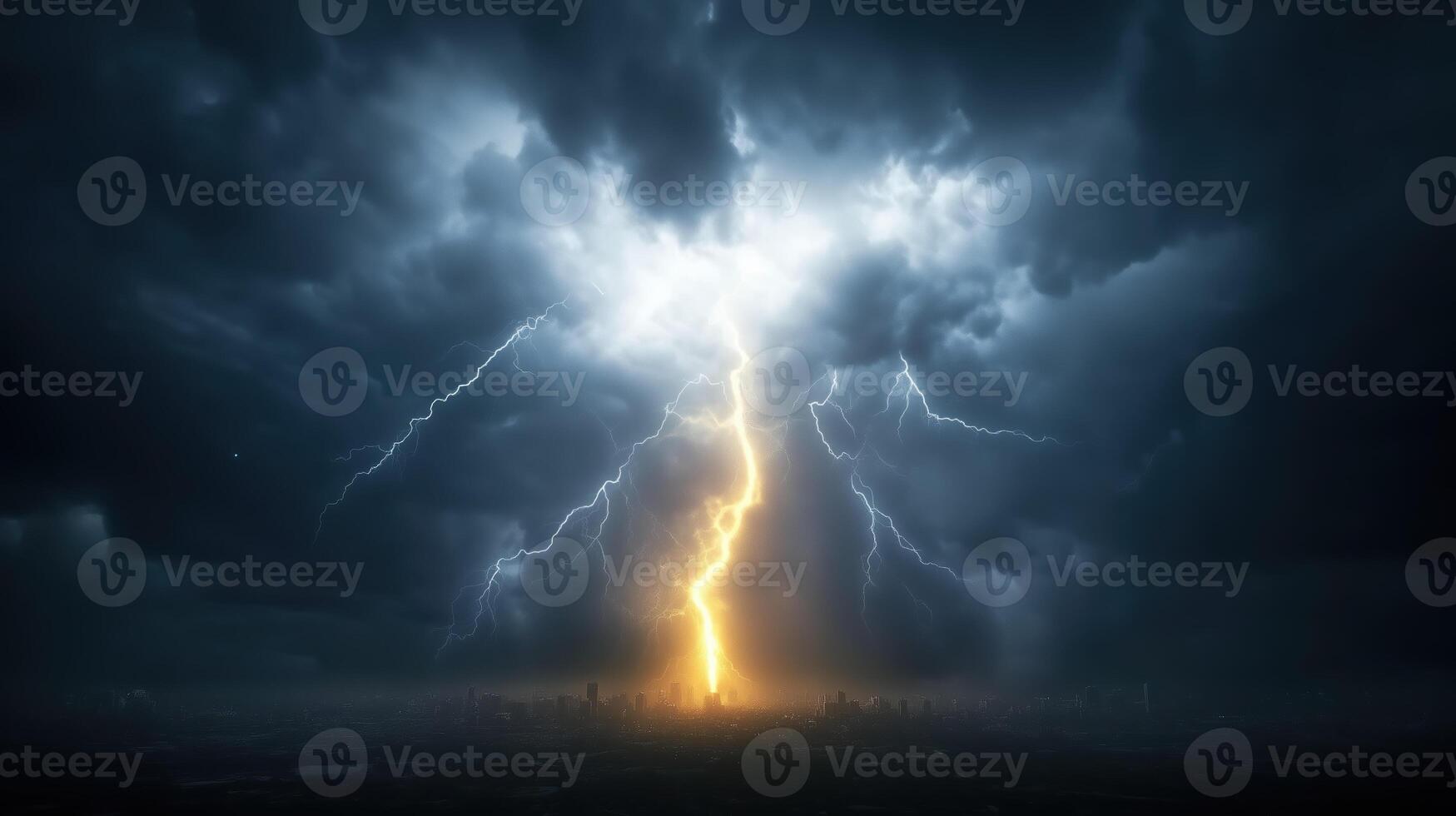 dramatic lightning storm illuminates city skyline, with dark clouds swirling ominously overhead. powerful bolts of lightning create striking contrast against stormy backdrop, evoking sense of awe and photo