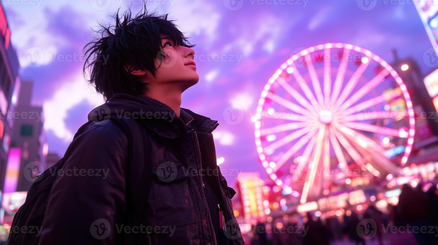 young man gazes up at vibrant cityscape illuminated by colorful lights, with ferris wheel in background. scene captures sense of wonder and excitement in urban environment photo