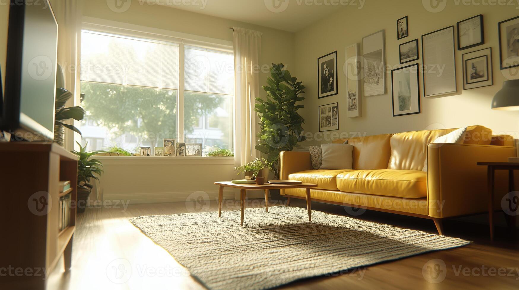 bright and inviting living room featuring yellow sofa, coffee table, and large window that lets in natural light. space is adorned with plants and framed pictures, creating warm atmosphere photo