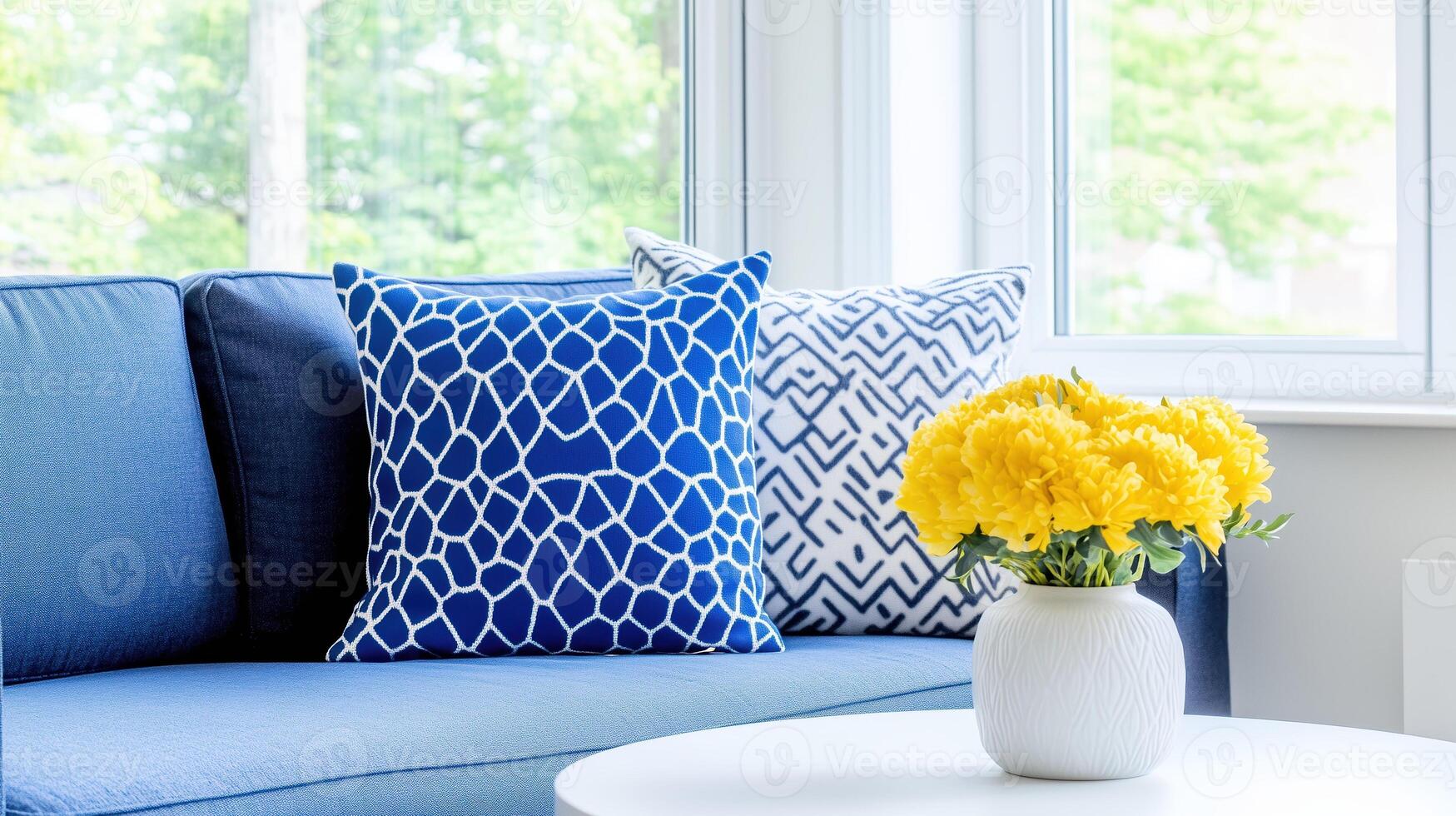 Brighten your living space with cozy blue sofa adorned with patterned cushions and vibrant bouquet of yellow flowers in modern vase. This inviting setup creates cheerful atmosphere photo