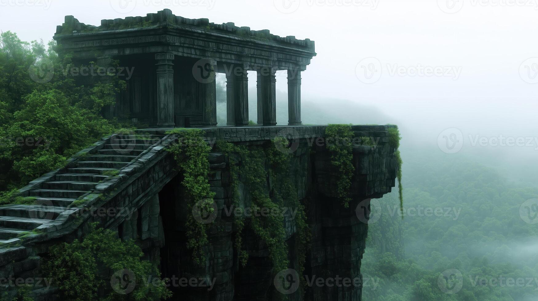 Ancient temple ruins surrounded by lush greenery and misty mountains create serene and mysterious atmosphere. stone structure, partially covered in vines, evokes sense of history and natures photo