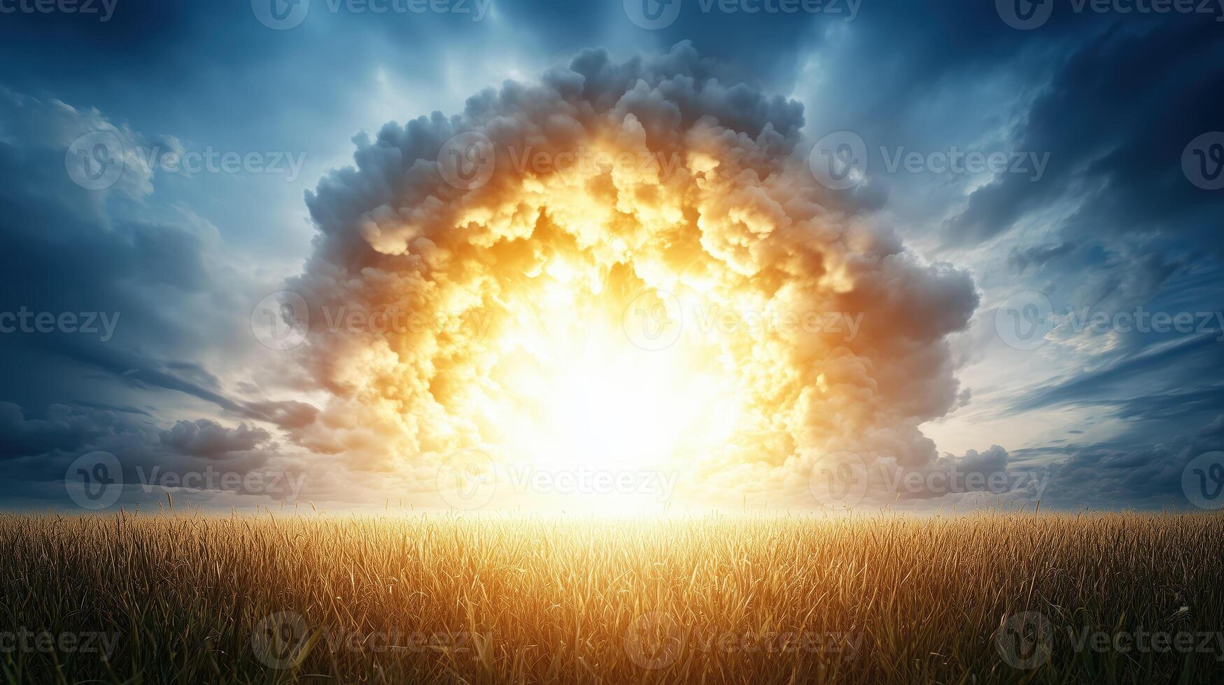 dramatic explosion lights up sky, surrounded by dark clouds and golden field. intense energy and vibrant colors create powerful visual impact photo