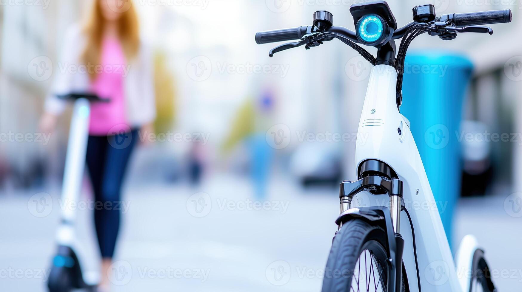 modern electric scooter stands prominently in foreground, showcasing its sleek design and advanced features, while person walks in background, highlighting urban mobility photo
