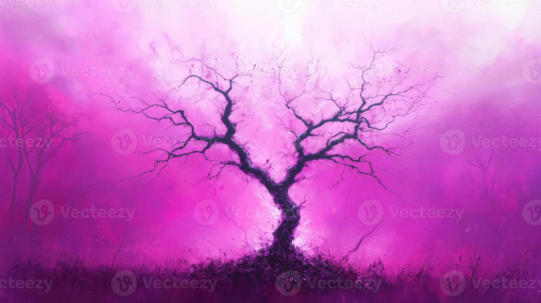 striking tree silhouette stands against vibrant pink background, evoking sense of mystery and beauty. intricate branches create captivating contrast with soft, ethereal hues surrounding it photo