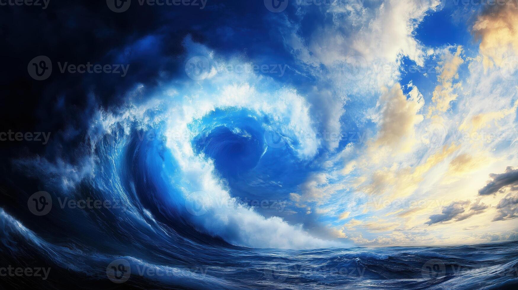 stunning ocean wave rises dramatically against backdrop of vibrant clouds and colorful sky, capturing raw power and beauty of nature. scene evokes sense of awe and tranquility photo