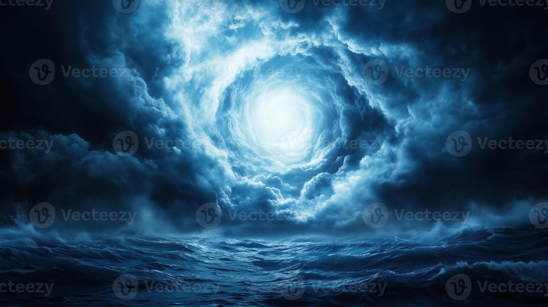 dramatic scene of swirling dark clouds above turbulent ocean, illuminated by bright light at center, creating mystical and intense atmosphere photo