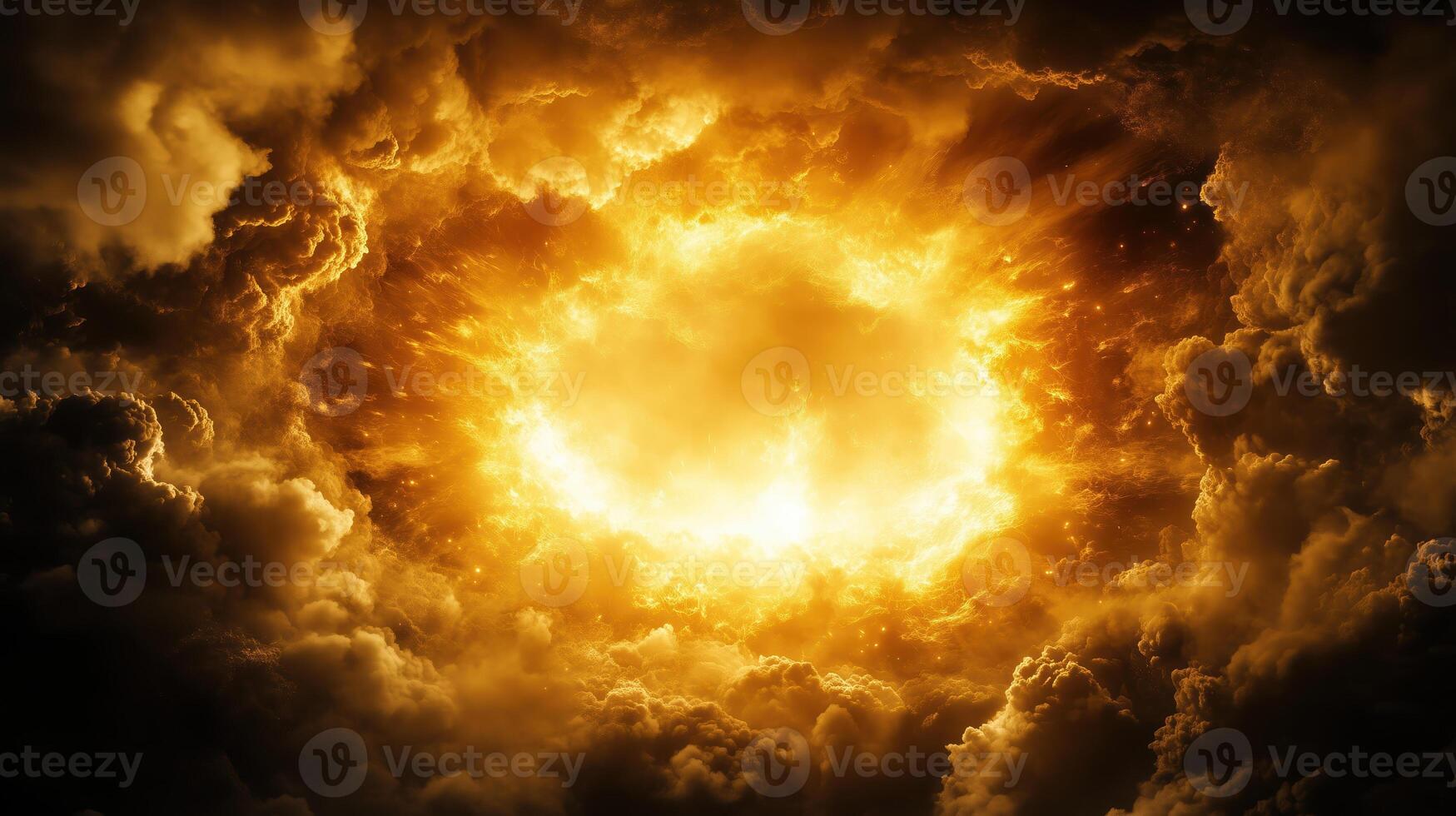dramatic explosion of fiery orange and yellow light bursts through dark, swirling clouds, creating powerful and intense atmosphere. scene evokes feelings of awe and chaos photo