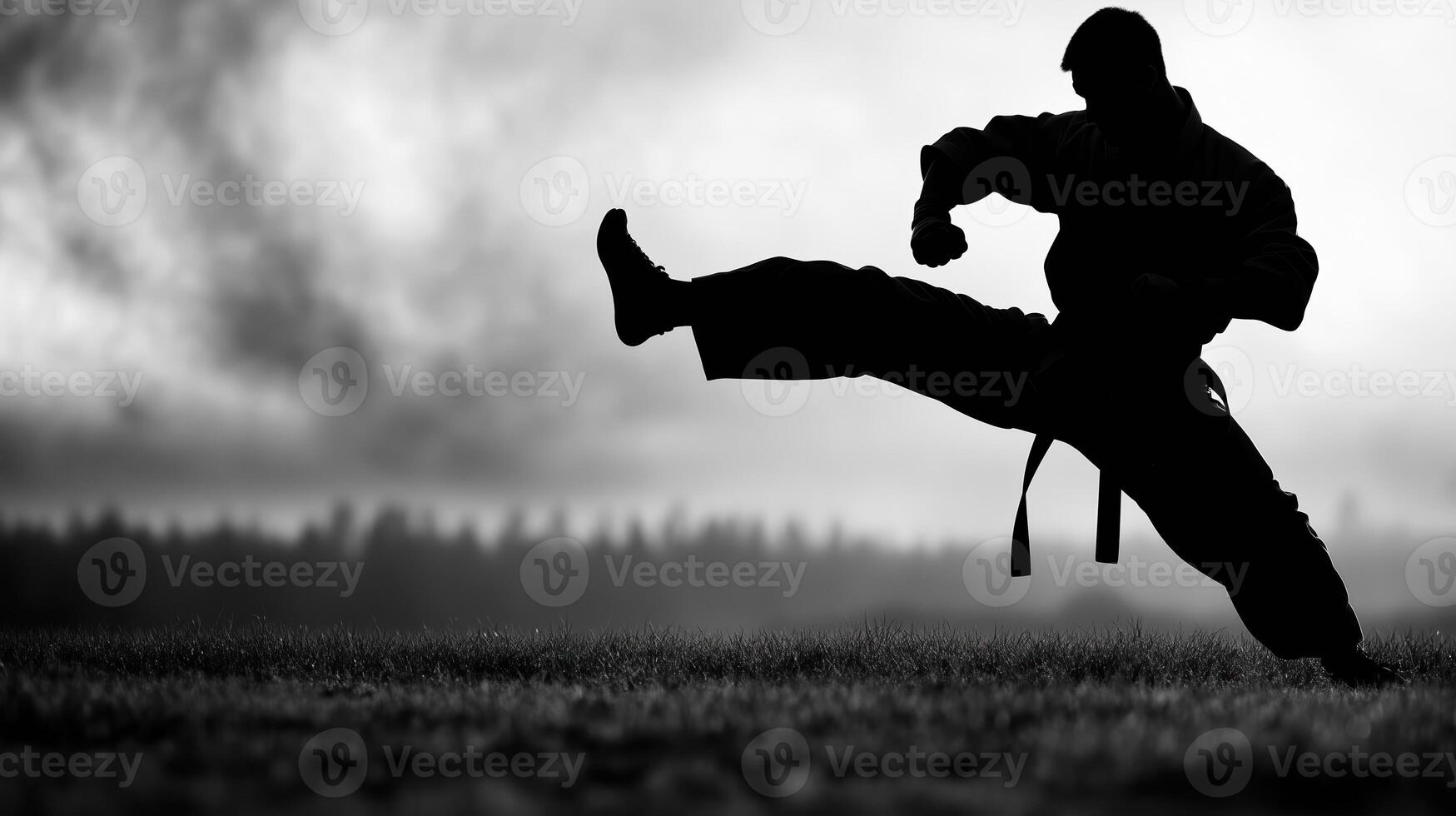 Martial artist performing high kick in silhouette against dramatic sky, showcasing strength and agility. scene captures essence of discipline and focus in martial arts photo