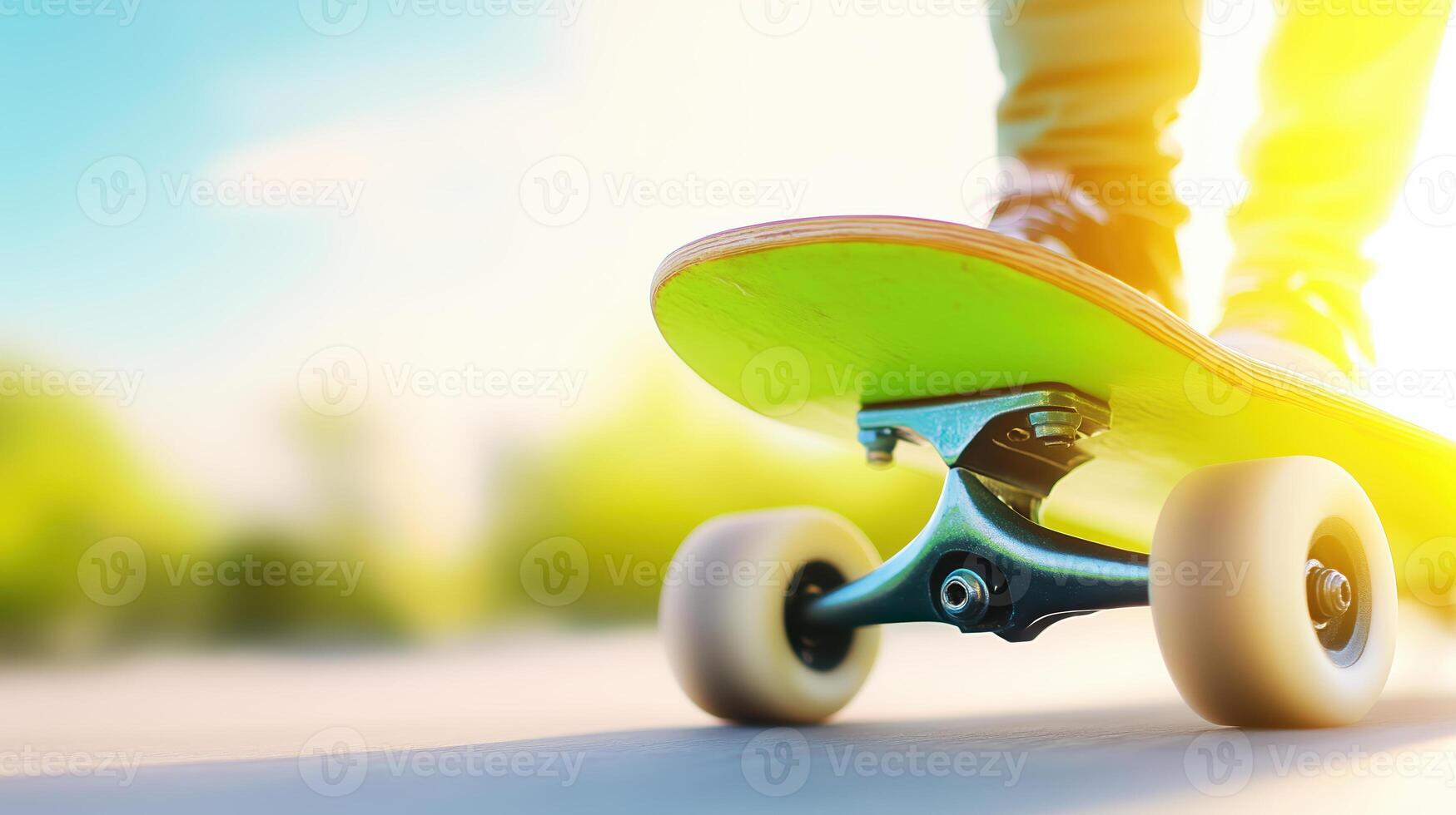 Skateboard wheels rolling on sunny day, capturing thrill of skating. vibrant colors and dynamic motion evoke sense of freedom and adventure photo