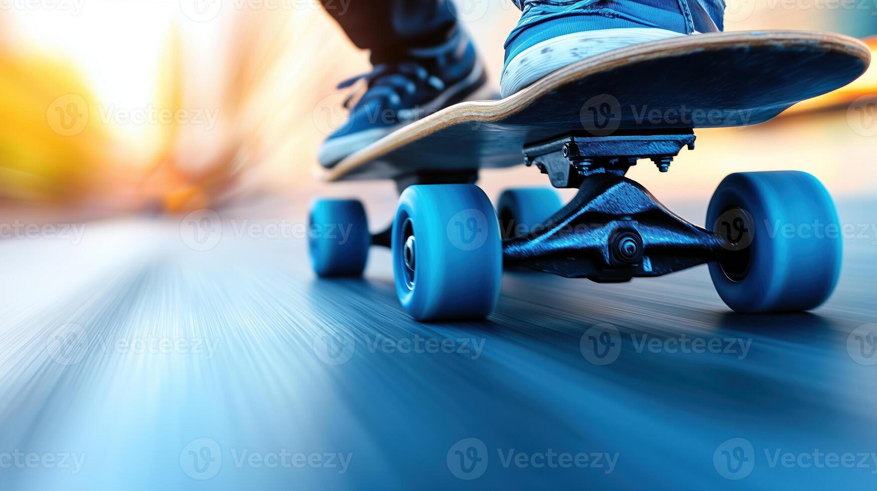 Skateboarder riding on smooth surface, showcasing speed and motion. dynamic blur emphasizes thrill of skating, capturing essence of urban sports photo