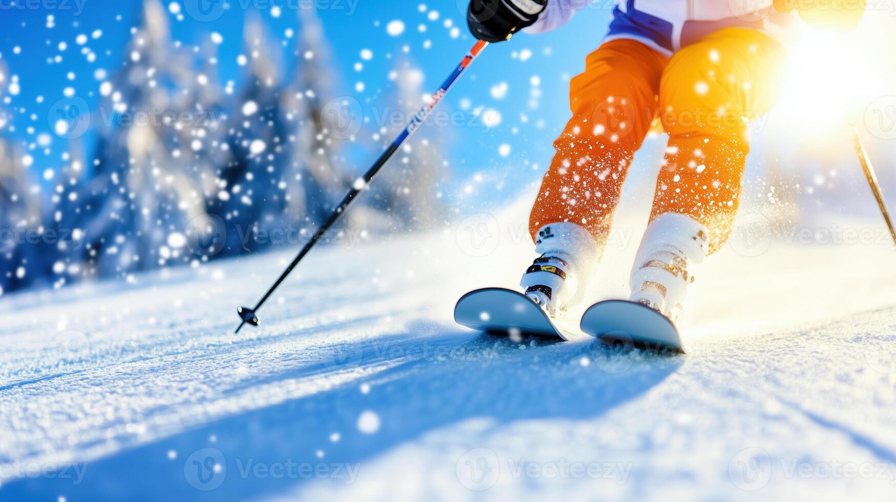 skier in bright orange pants glides down snowy slope, surrounded by winter wonderland. sun shines brightly, creating magical atmosphere with falling snowflakes photo