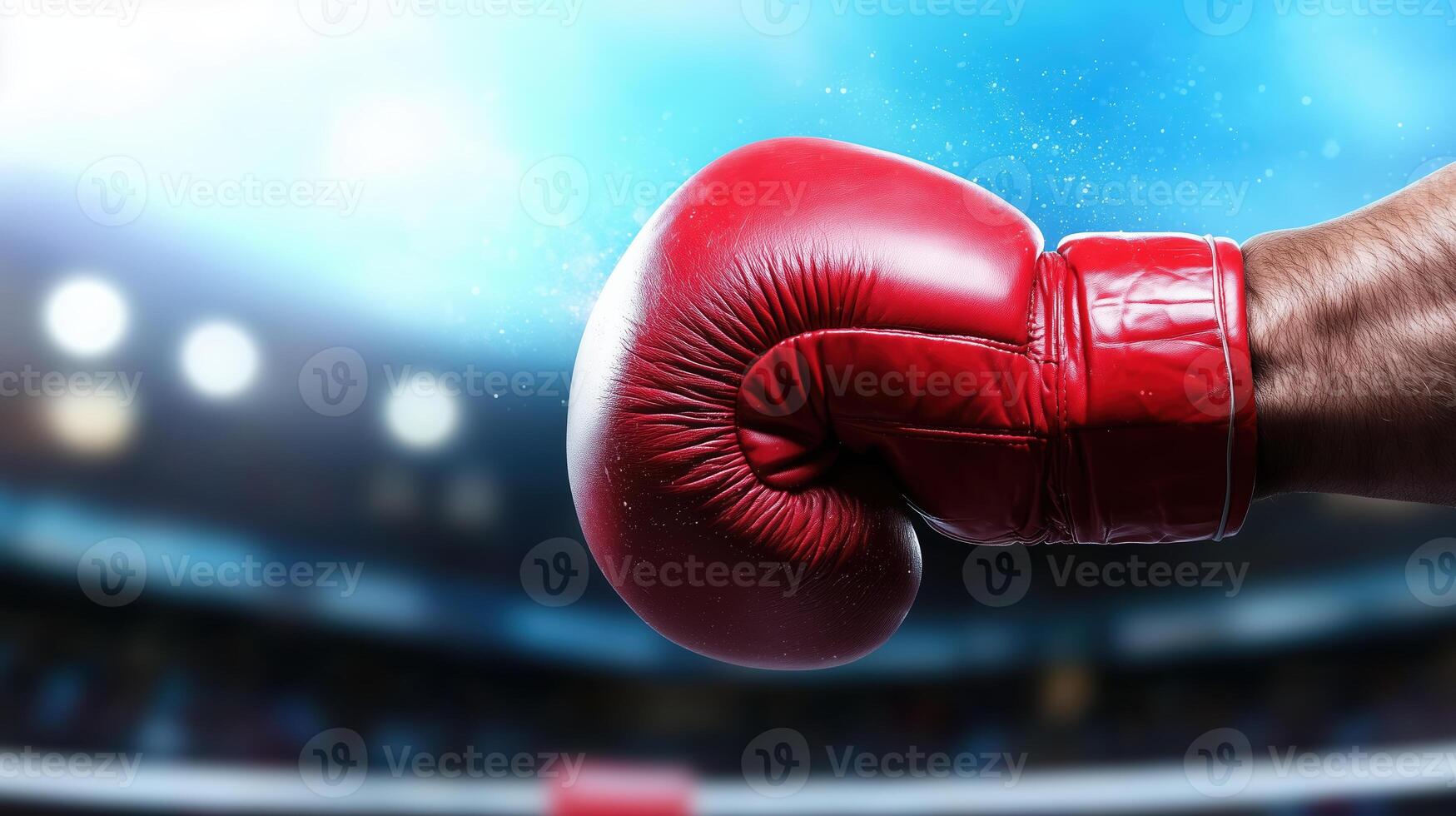 close up of red boxing glove, symbolizing strength and determination, set against blurred background of boxing arena. vibrant colors and dynamic lighting evoke excitement and anticipation photo