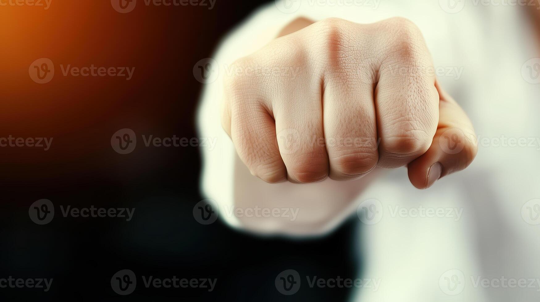 close up of clenched fist, symbolizing strength and determination, set against blurred background. image conveys sense of empowerment and assertiveness photo
