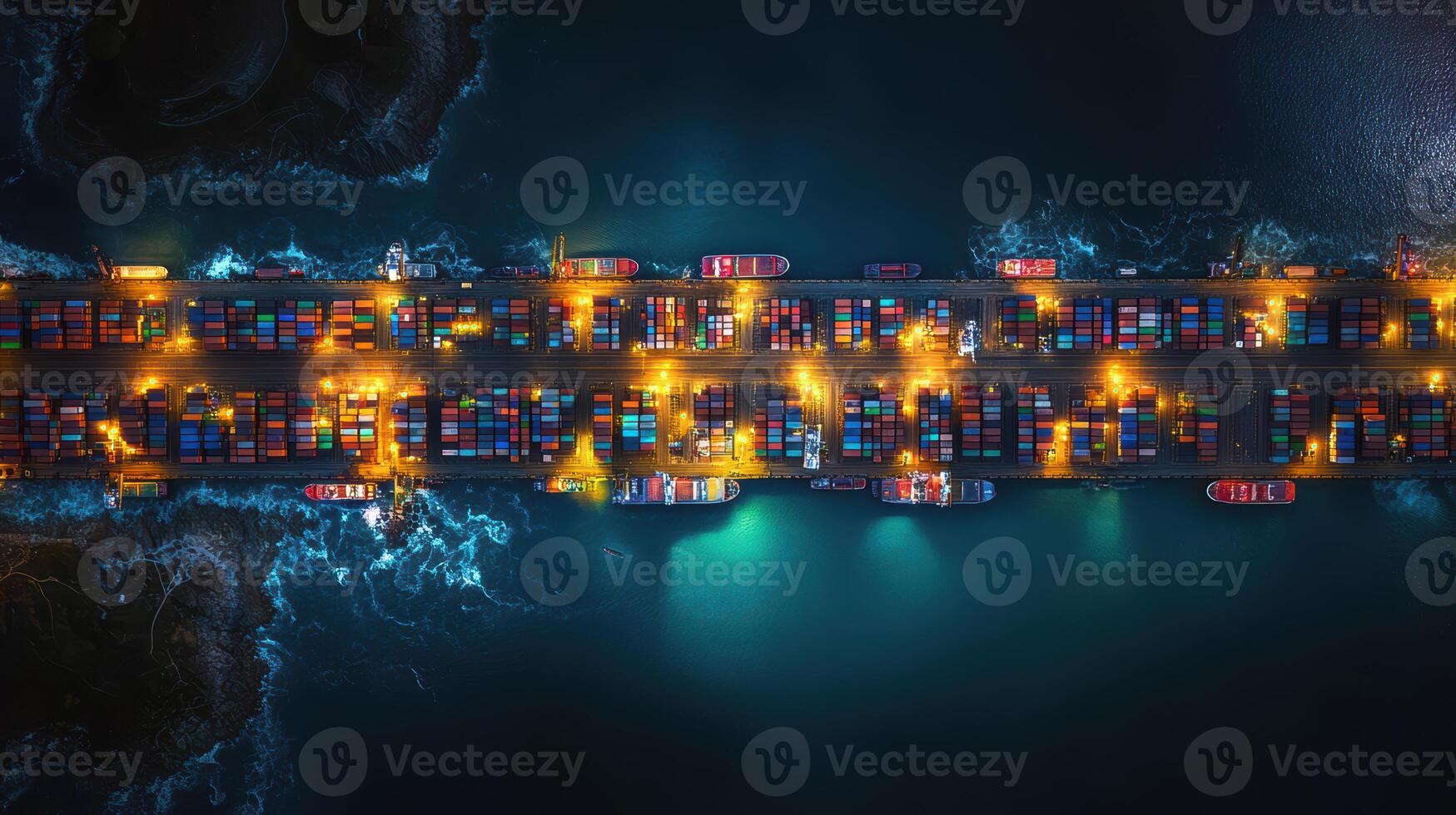 Aerial view of busy container shipping port at night, showcasing colorful cargo containers and illuminated vessels. scene captures vibrant activity and logistics of maritime trade photo