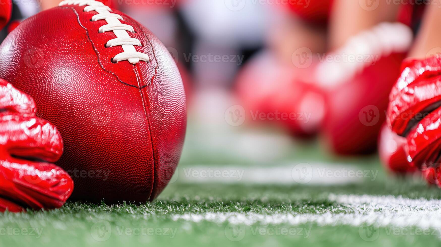 close up view of red football resting on green field, surrounded by players in red gloves preparing for game. atmosphere is filled with anticipation and excitement photo