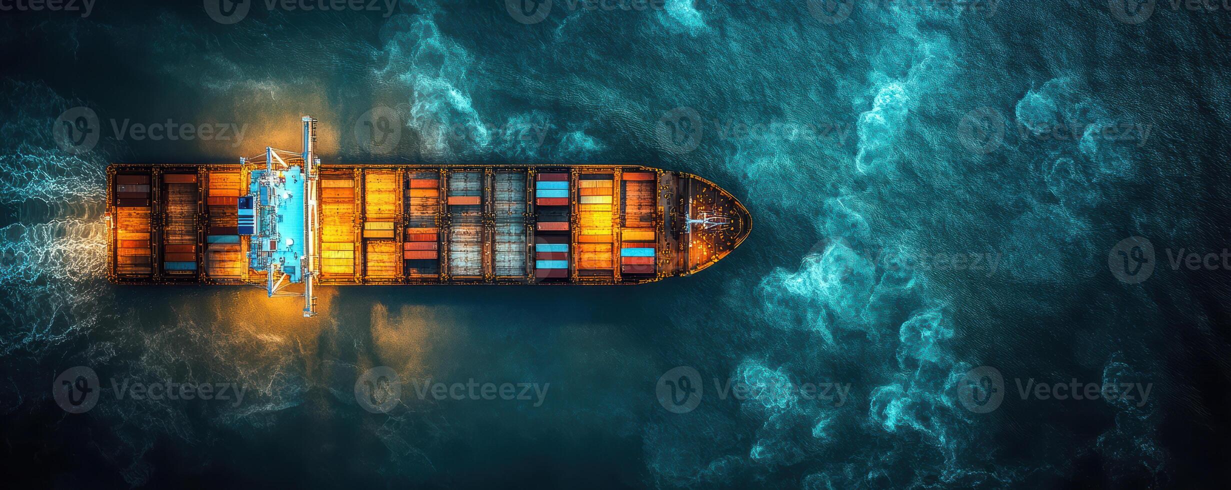 Aerial view of large container ship navigating through vibrant blue waters, showcasing colorful cargo containers and illuminated by ship lights, creating striking visual contrast photo