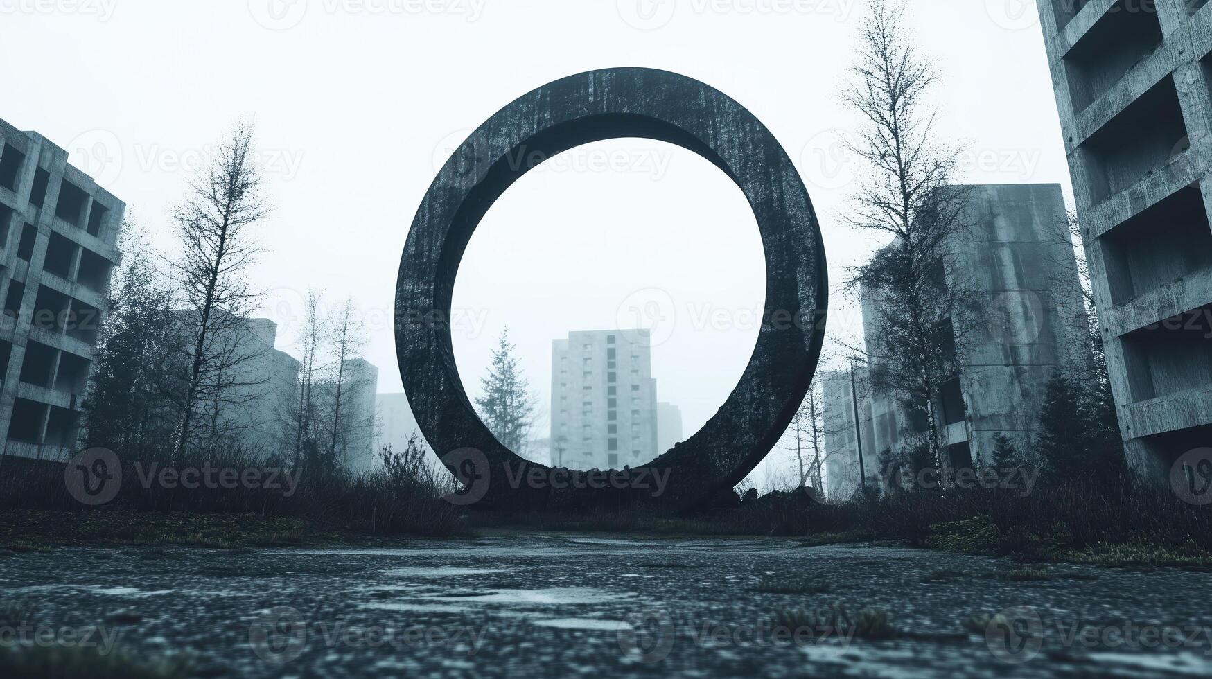 large circular structure stands amidst abandoned buildings, surrounded by overgrown grass and trees. scene evokes sense of desolation and mystery in foggy atmosphere photo