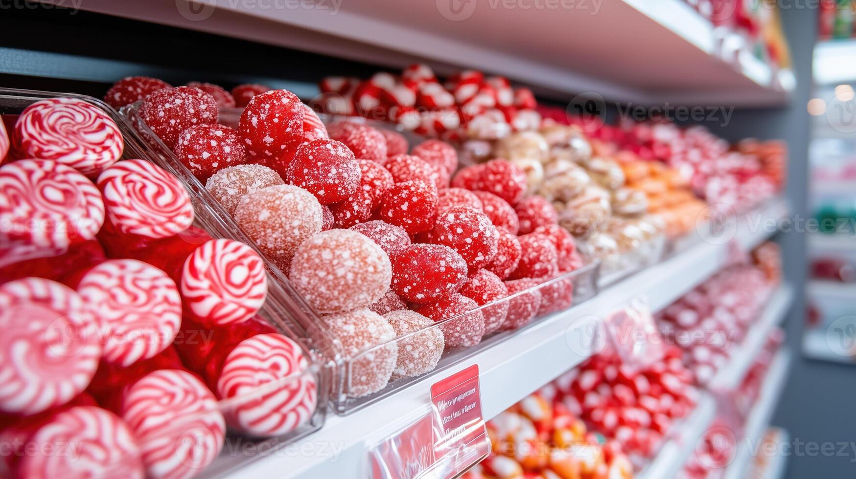 Delight in colorful array of candies displayed on shelves, featuring vibrant red, white, and pastel hues. sugary treats evoke sense of joy and nostalgia photo