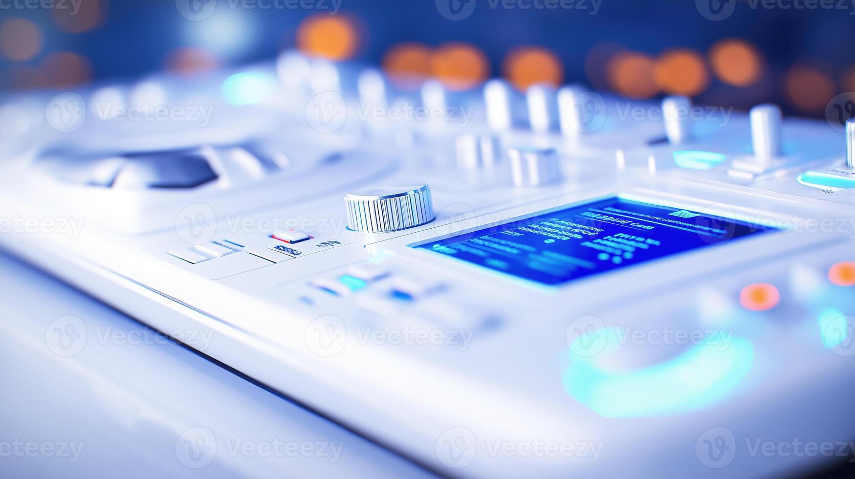 close up view of modern music production device, showcasing its sleek design and illuminated controls. vibrant colors and intricate details highlight technology used in music creation photo