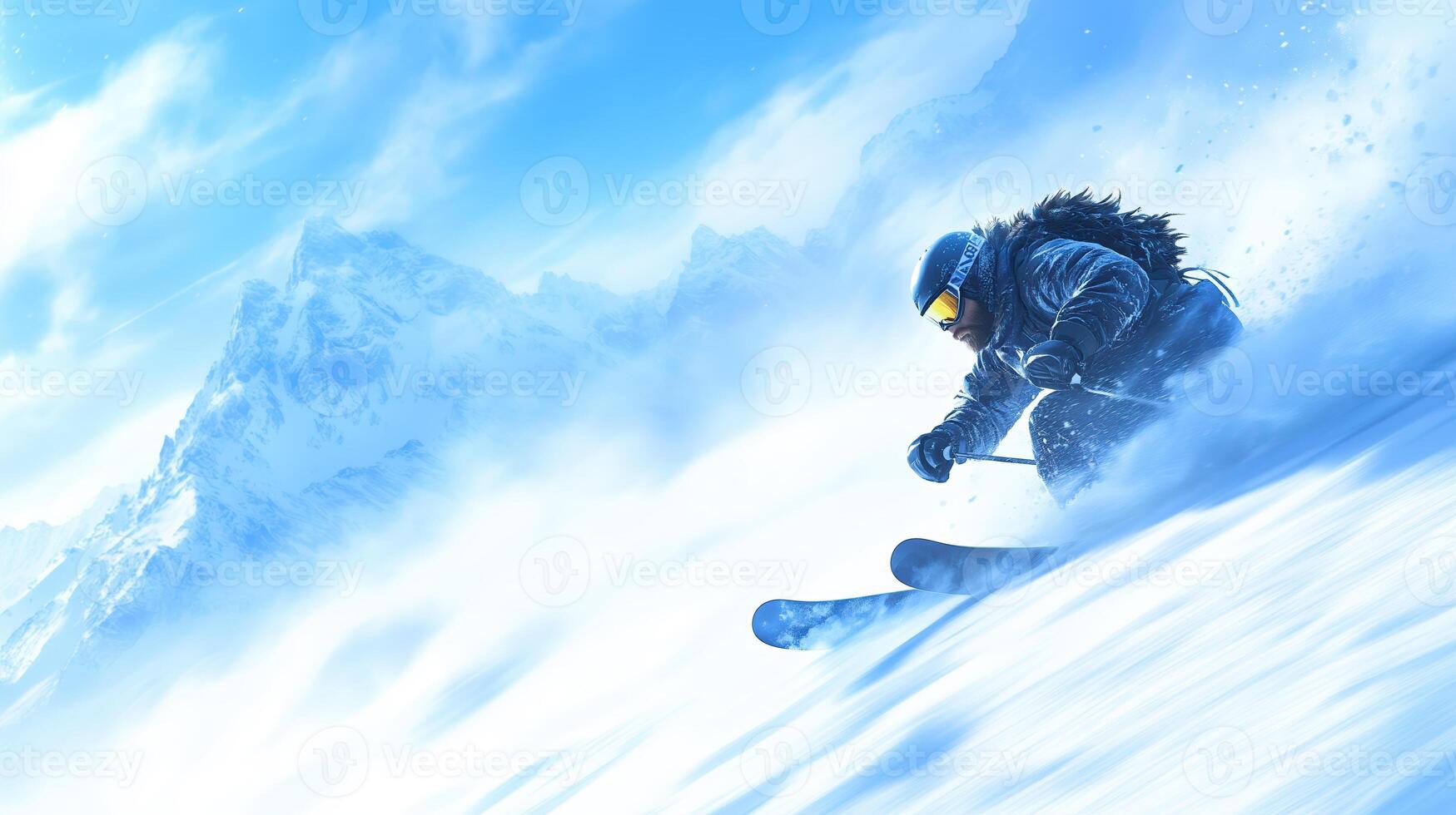 skier expertly navigates snowy slope, surrounded by majestic mountains and clear blue sky. scene captures thrill and excitement of winter sports in breathtaking landscape photo