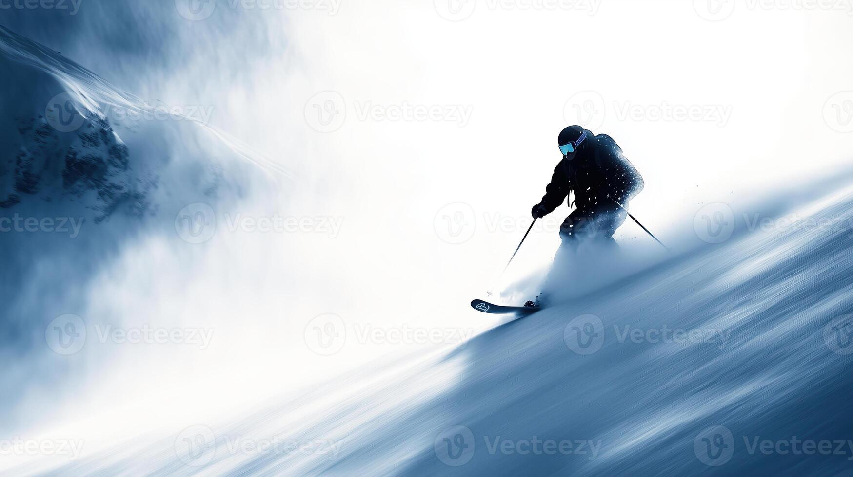 skier gracefully descends snowy slope, surrounded by misty atmosphere, capturing thrill and beauty of winter sports photo