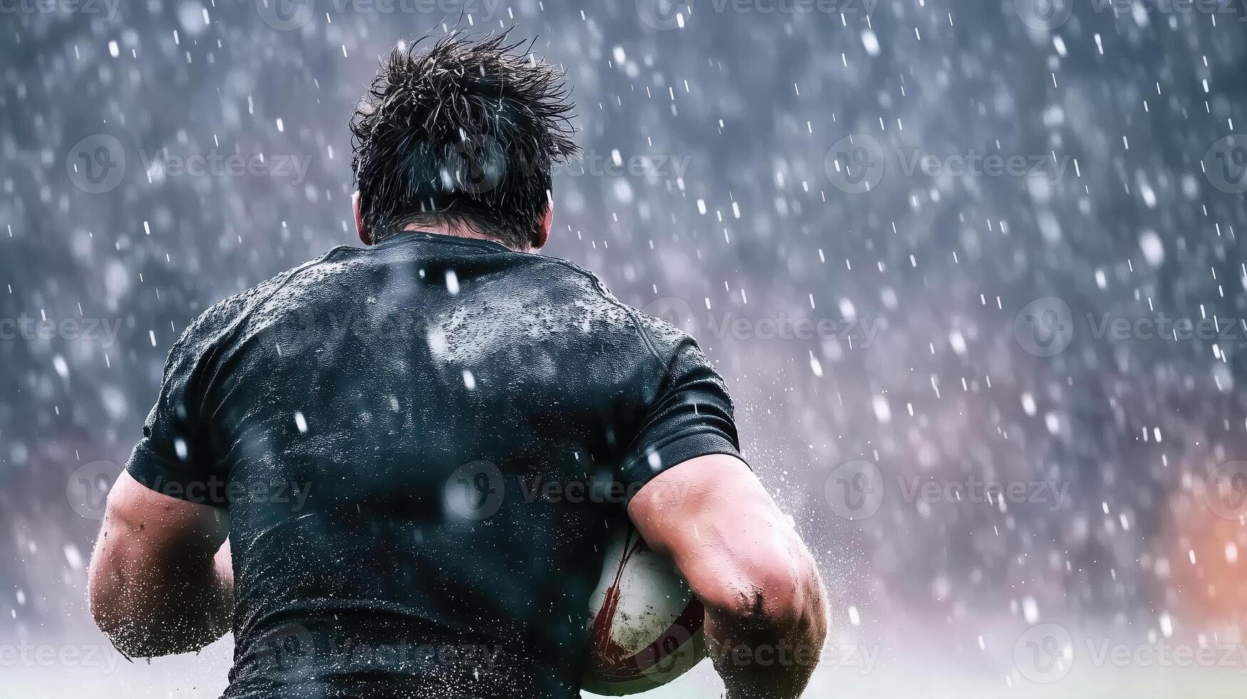 rugby player runs through heavy rain, showcasing determination and strength. intense atmosphere highlights challenges faced in sport, emphasizing resilience and passion photo