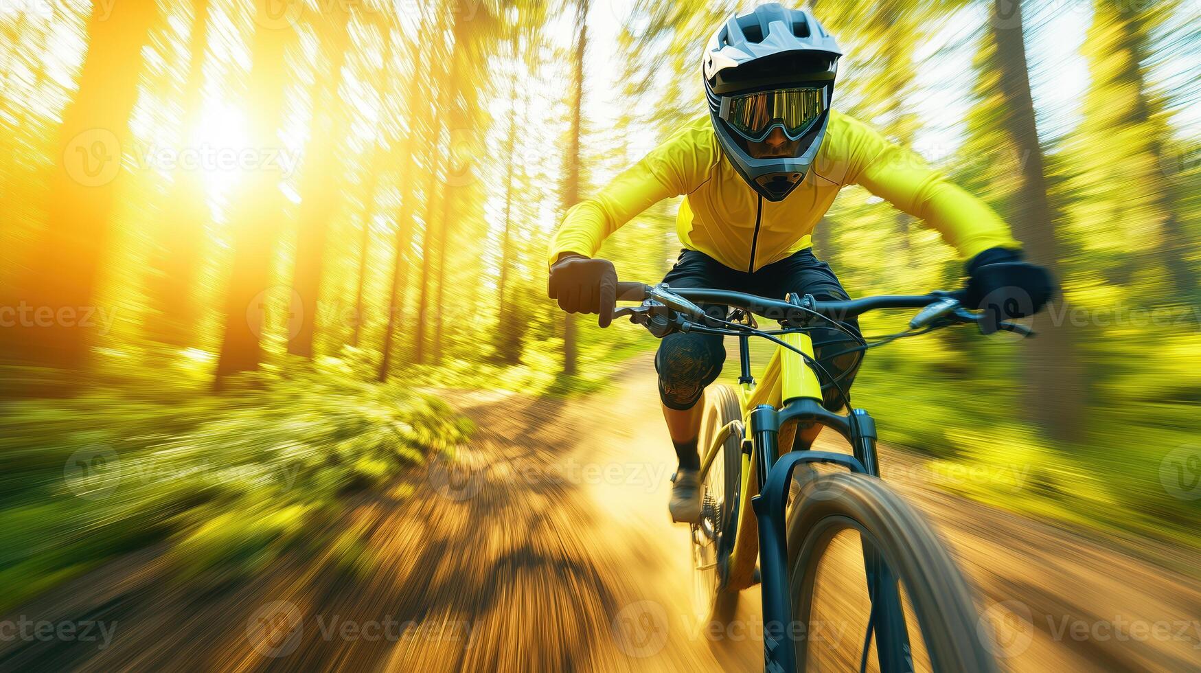 cyclist in yellow jersey rides swiftly through sunlit forest trail, showcasing speed and adventure. vibrant greenery and motion blur enhance dynamic atmosphere photo