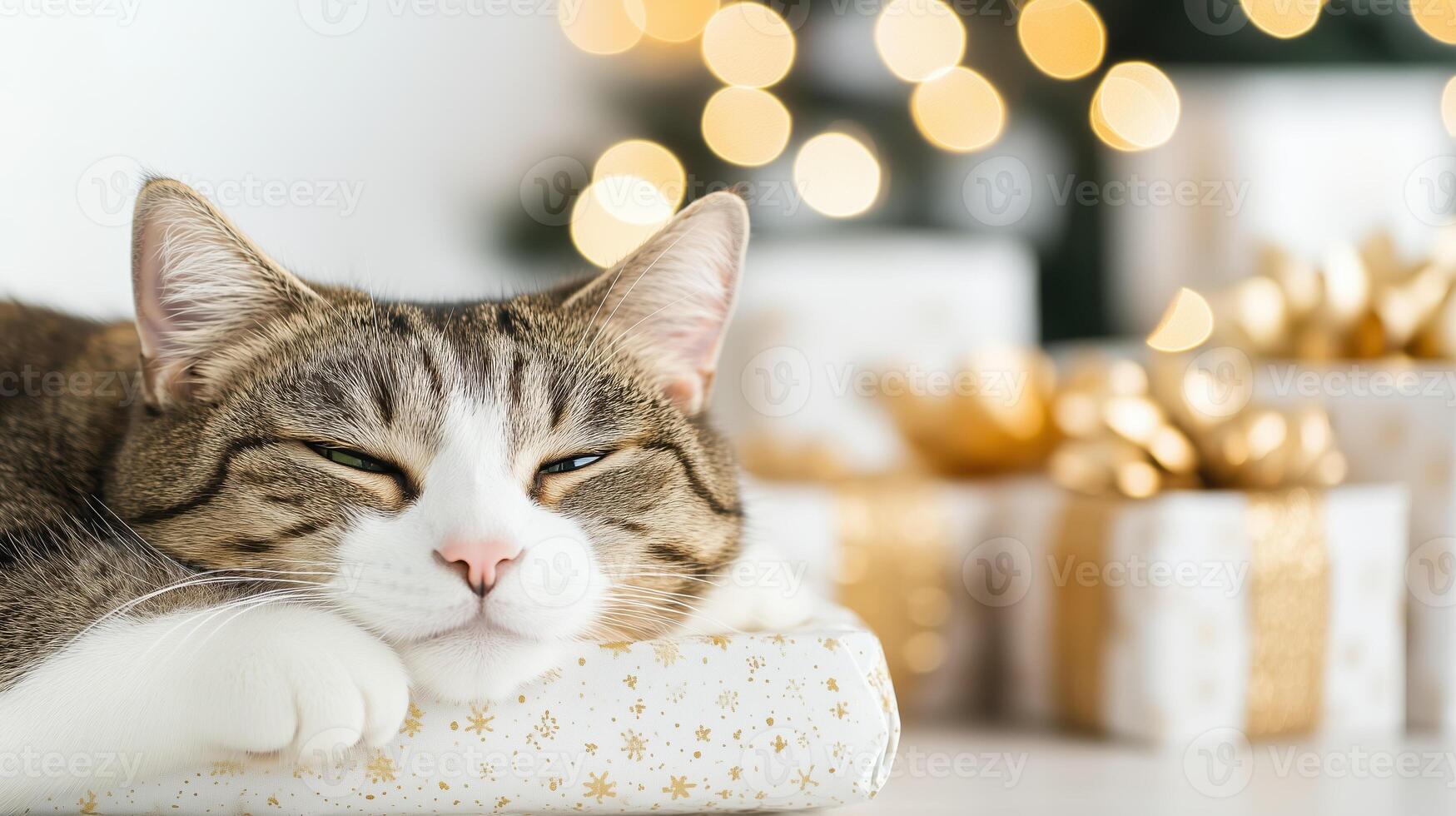 relaxed cat rests on beautifully wrapped gift, surrounded by festive decorations and soft bokeh lights, creating cozy holiday atmosphere photo