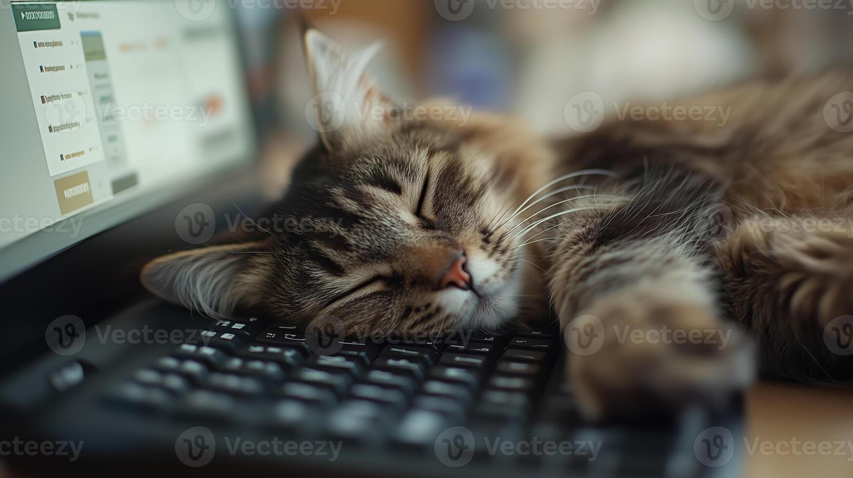 sleeping cat rests on keyboard, showcasing its peaceful demeanor and soft fur. cozy scene captures moment of tranquility in workspace photo