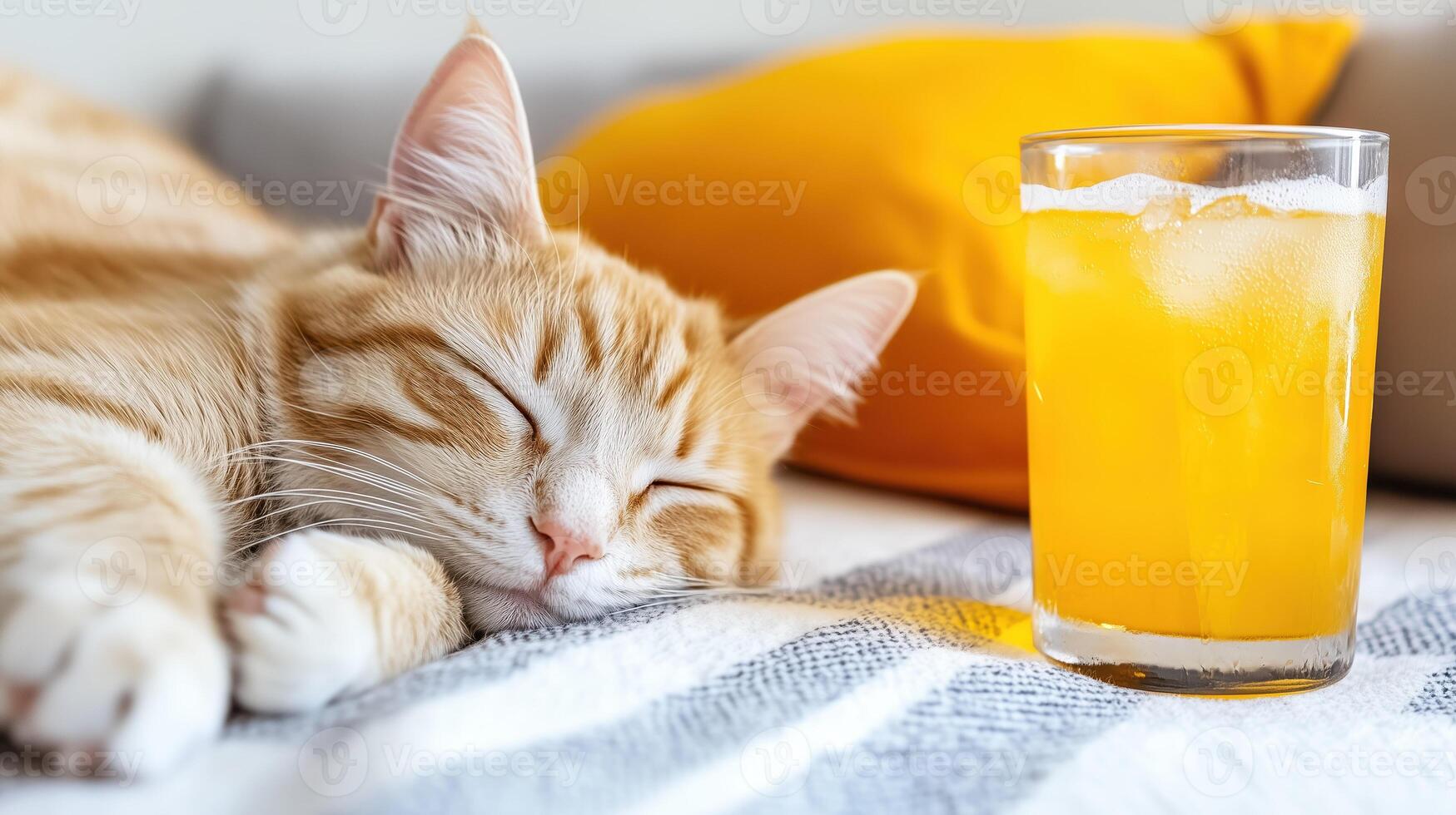 relaxed orange tabby cat peacefully sleeps beside refreshing glass of orange juice on cozy blanket. warm colors create serene atmosphere photo