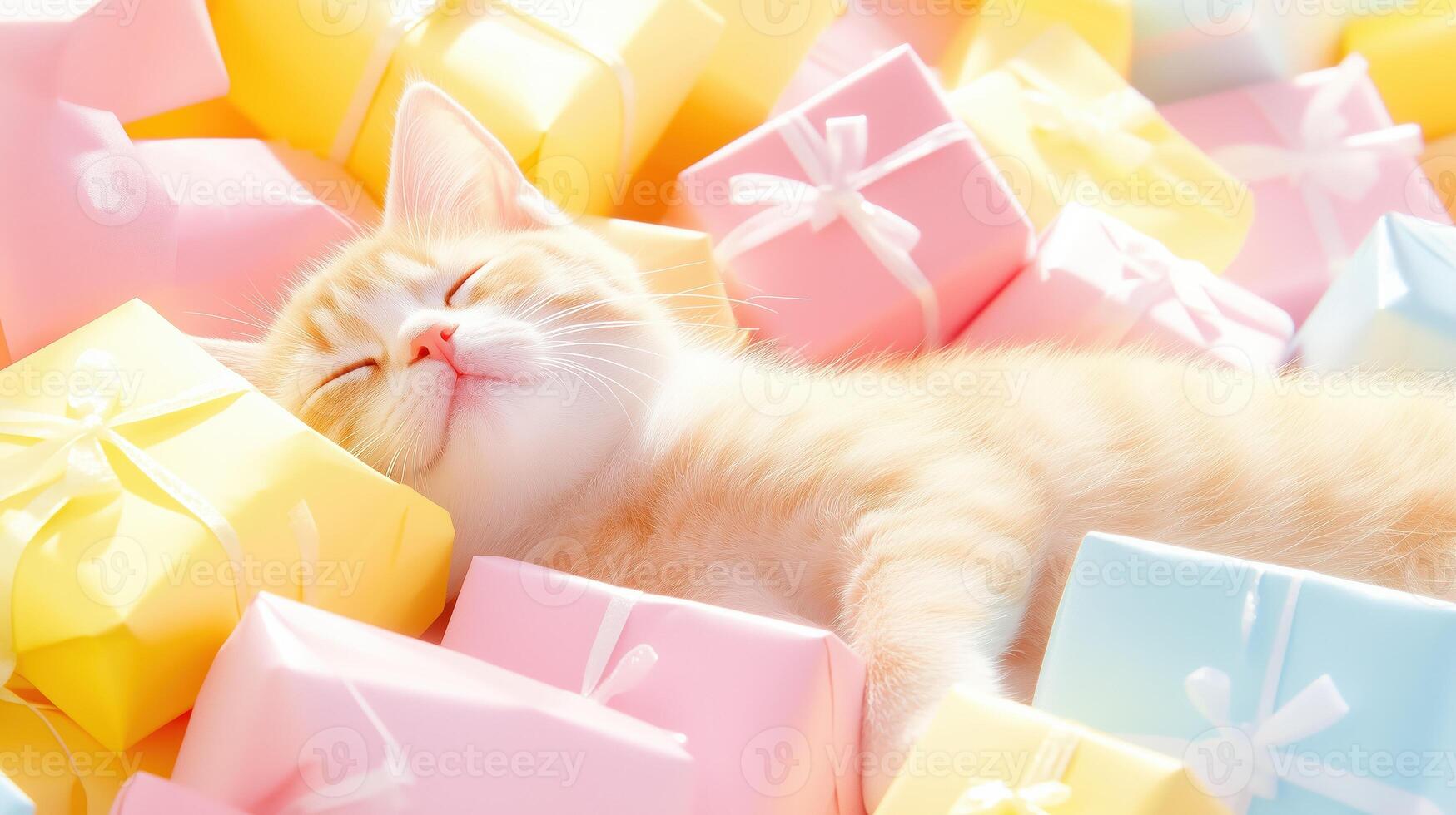 peaceful orange tabby cat is sleeping among colorful pastel gift boxes, creating cheerful and cozy atmosphere. soft lighting enhances serene scene photo
