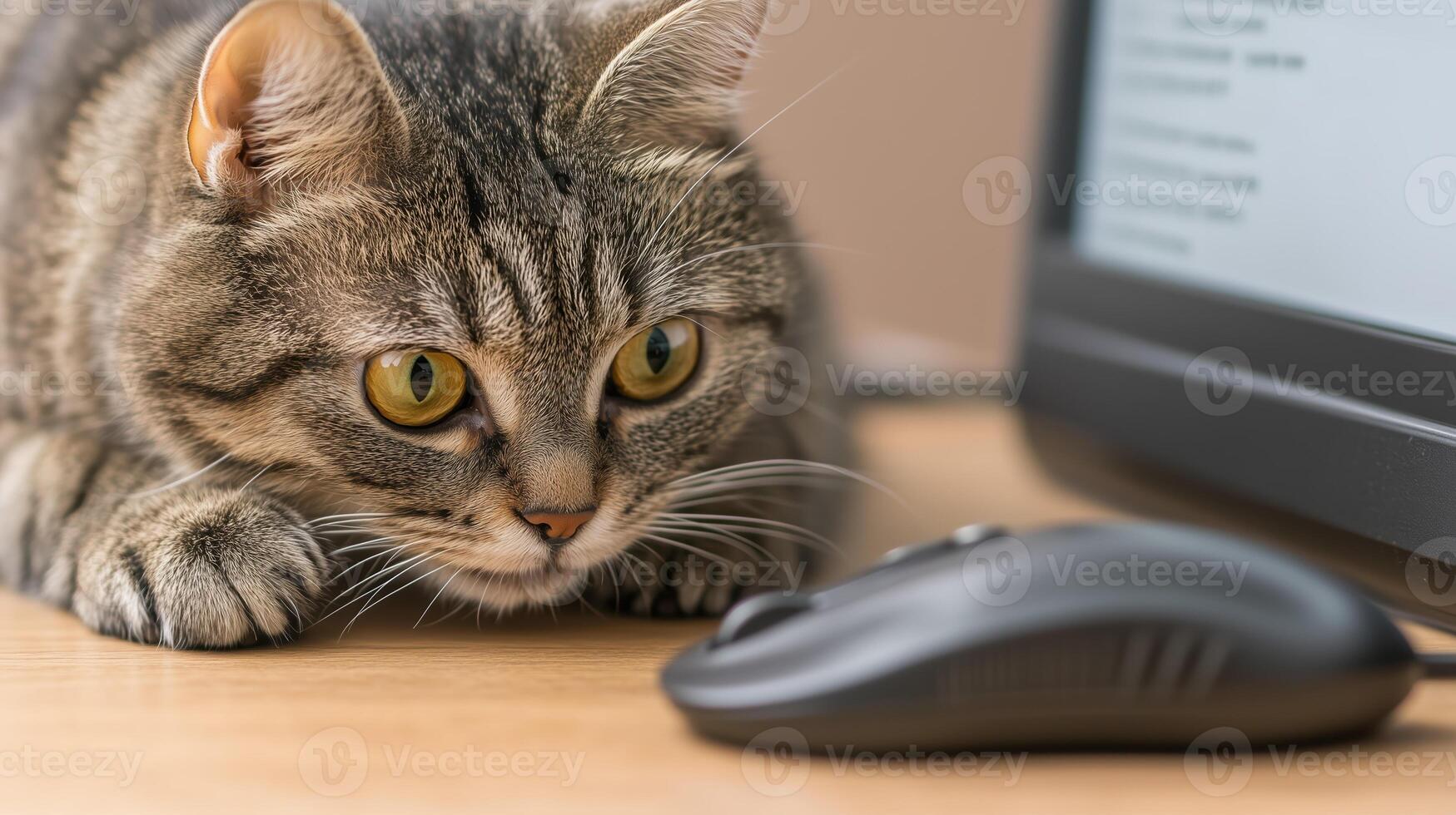 Curious cat observing computer mouse on desk, showcasing its playful nature and keen interest in technology. This scene captures charm of pets interaction with everyday objects photo