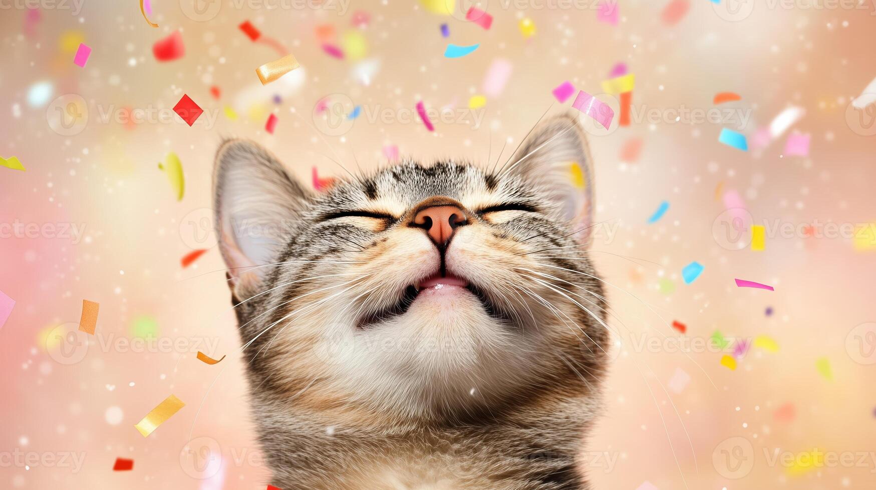 joyful cat with closed eyes surrounded by colorful confetti, expressing happiness and celebration. This captures delightful moment of feline joy photo
