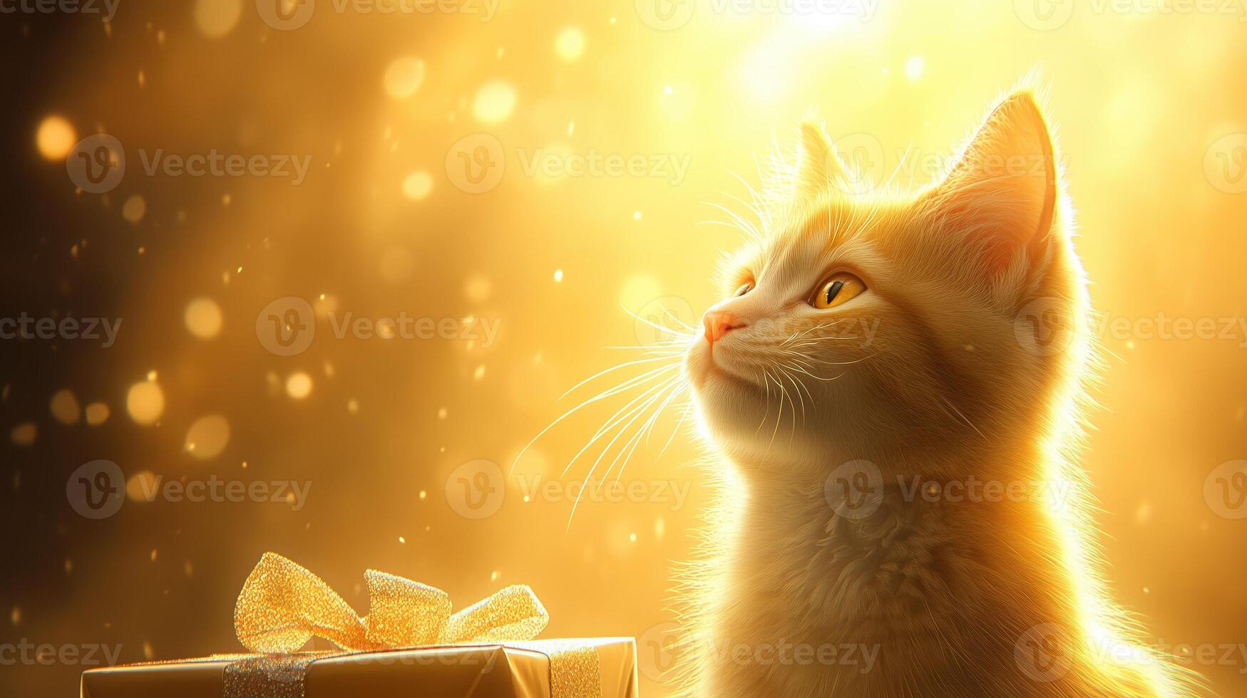 golden hued cat gazes thoughtfully at beautifully wrapped gift, surrounded by warm, glowing atmosphere filled with soft light and sparkles. scene evokes sense of wonder and joy photo