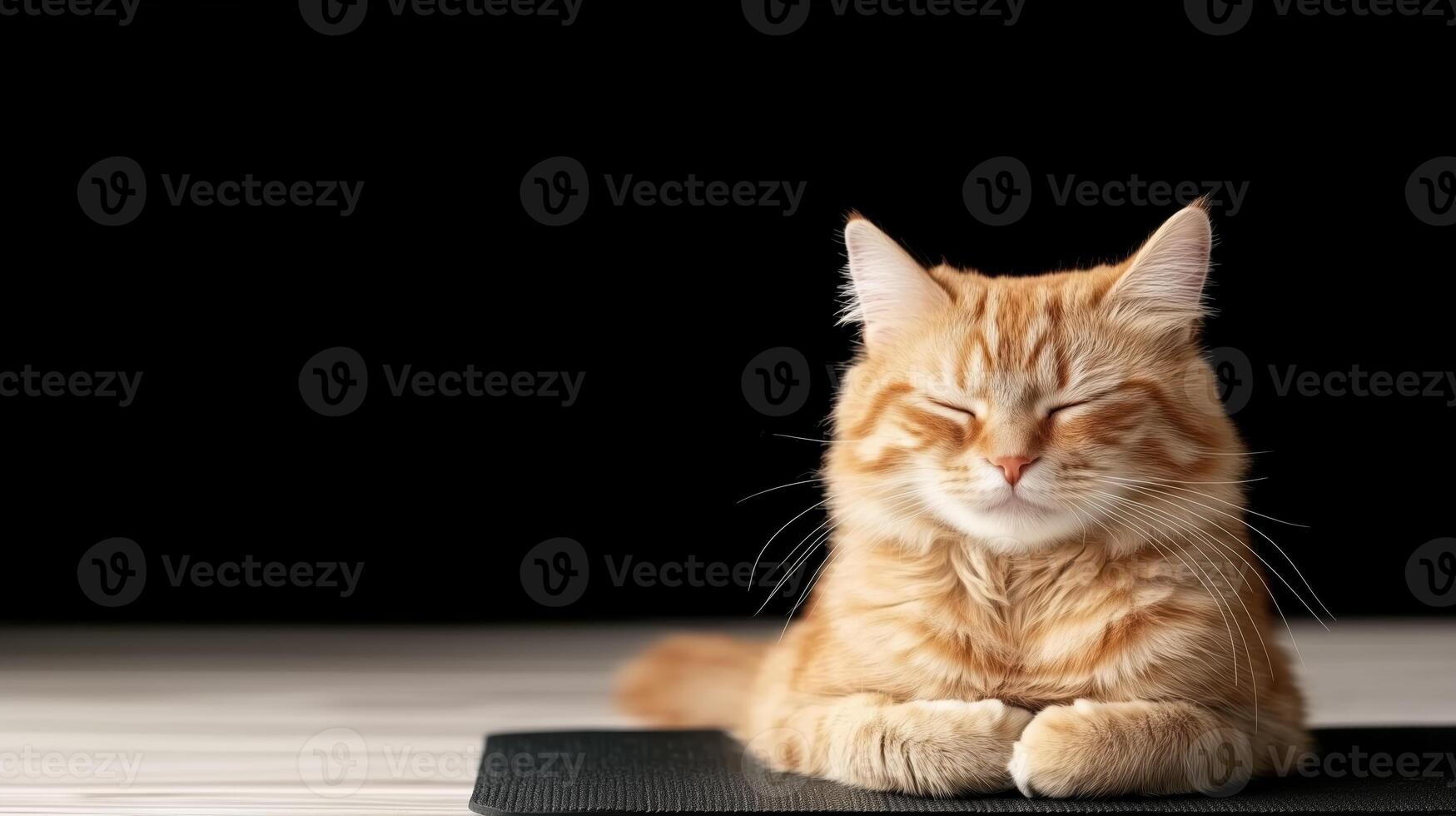 relaxed orange cat with closed eyes sits peacefully on black mat, exuding sense of calm and contentment in minimalist setting photo
