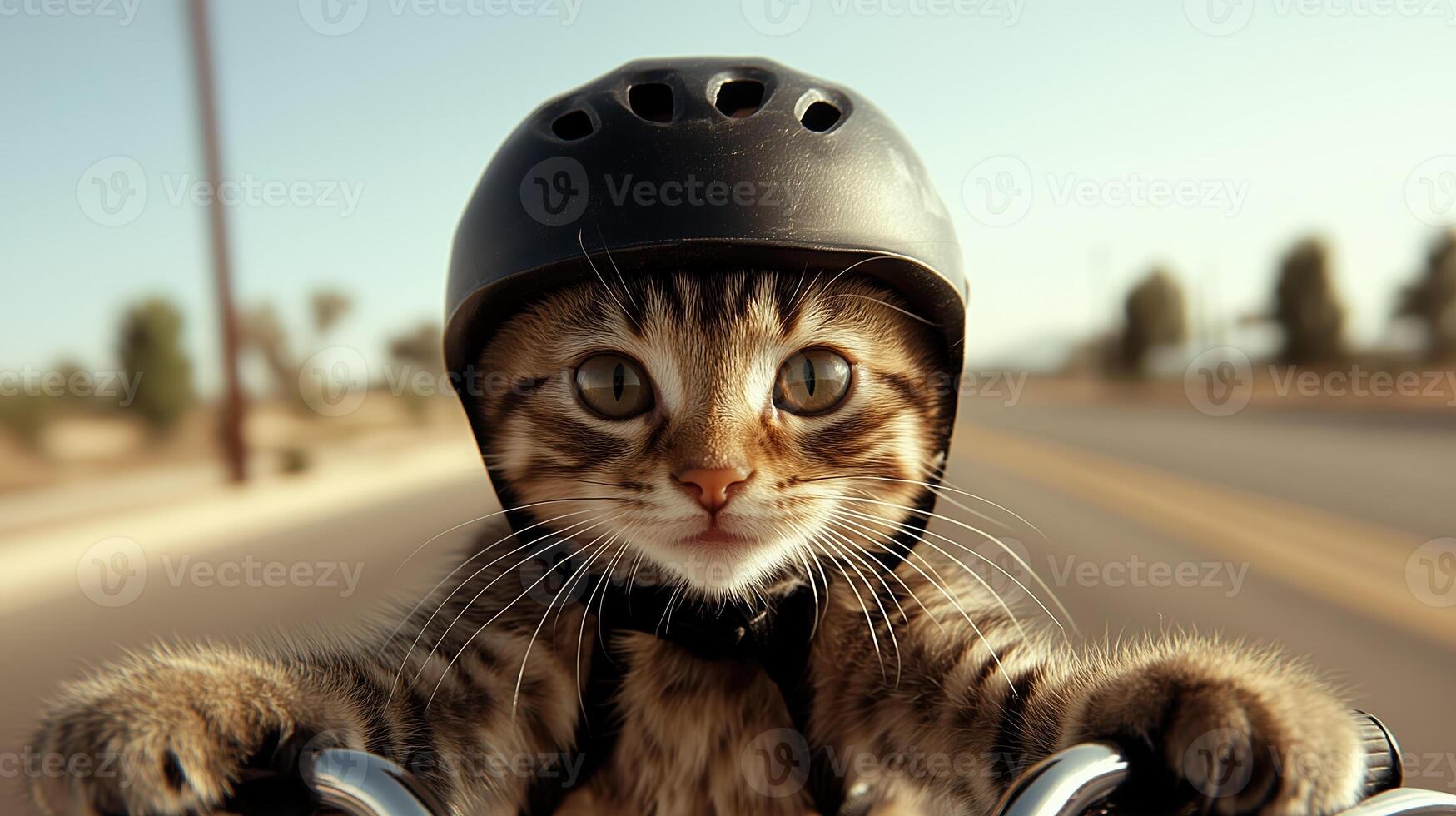 playful cat wearing helmet rides confidently on motorcycle, showcasing sense of adventure and fun. sunny road ahead adds to excitement of this unique scene photo