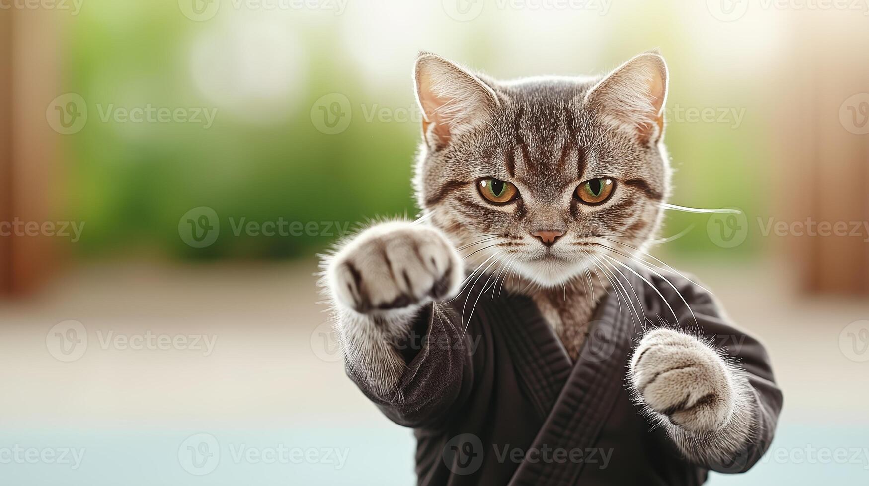 determined cat in karate uniform showcases its martial arts skills with focused expression. This playful scene captures essence of feline agility and strength photo