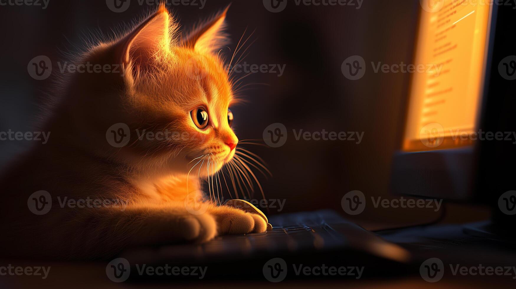 Curious orange kitten intently gazing at computer screen, illuminated by soft light, creating warm and engaging atmosphere photo