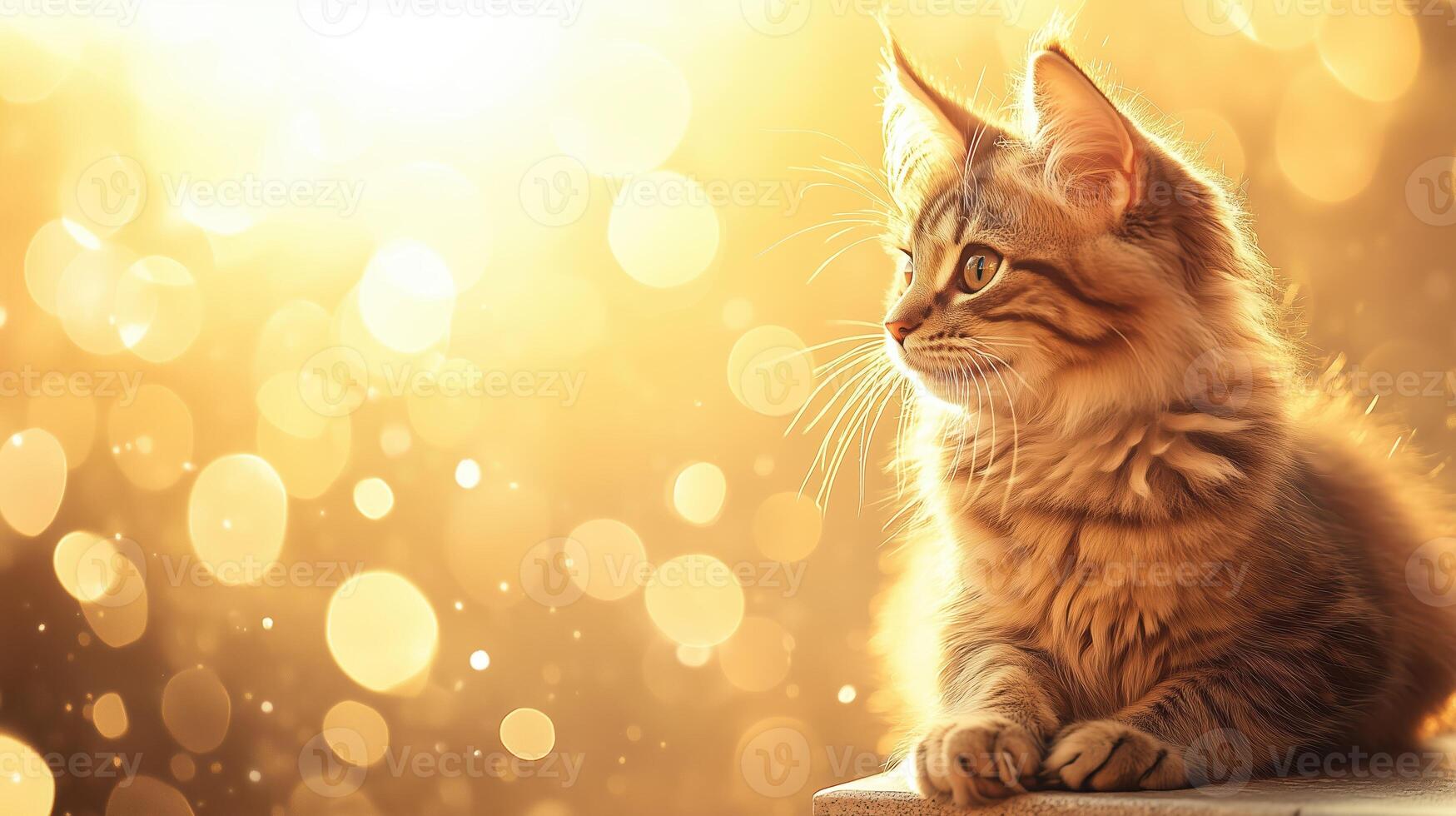 fluffy cat gazes thoughtfully into distance, illuminated by warm golden glow. soft bokeh background enhances serene atmosphere, creating peaceful moment photo