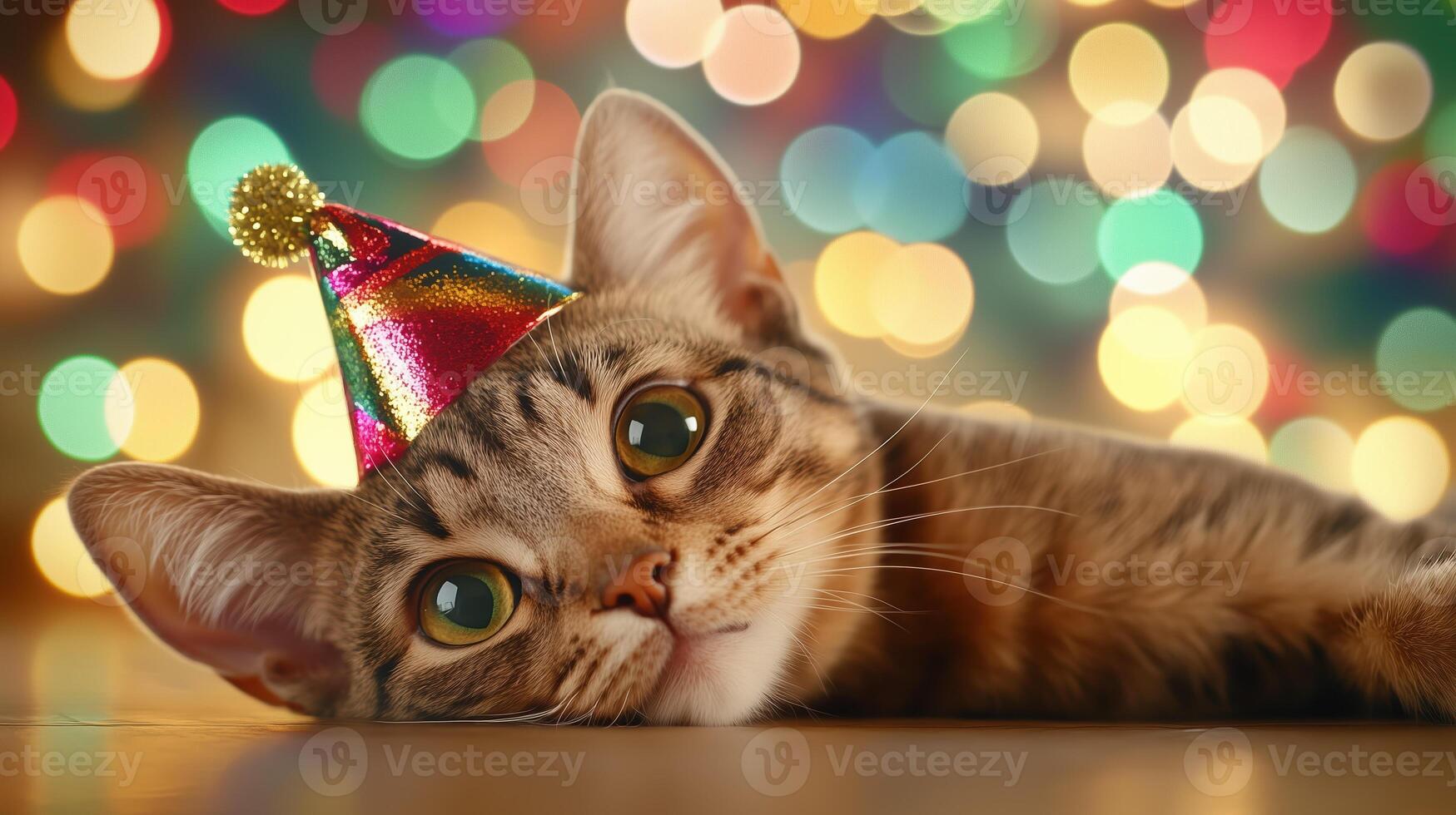playful cat wearing colorful party hat lies on wooden surface, surrounded by vibrant bokeh background. festive atmosphere adds joy and charm to scene photo