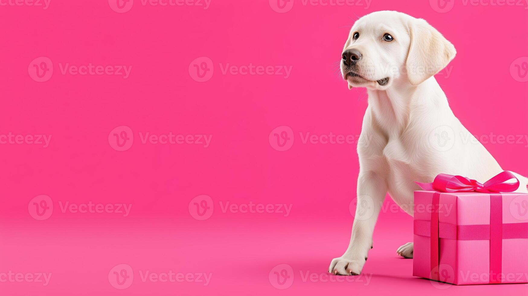 playful puppy sits beside beautifully wrapped gift against vibrant pink background, evoking feelings of joy and celebration photo