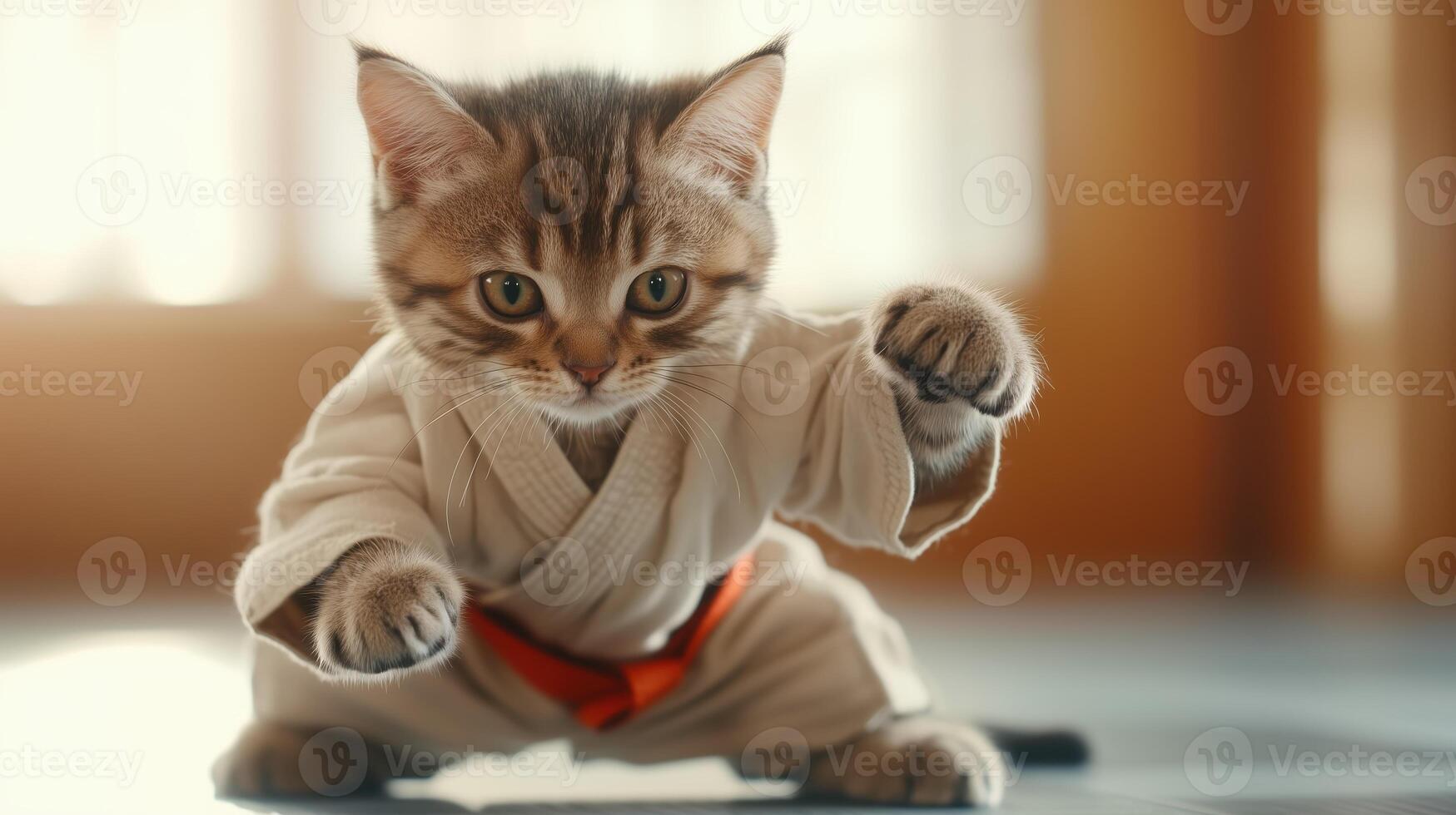 playful kitten dressed in karate uniform strikes cute pose, showcasing its tiny paws and determined expression. This adorable scene captures spirit of fun and martial arts photo