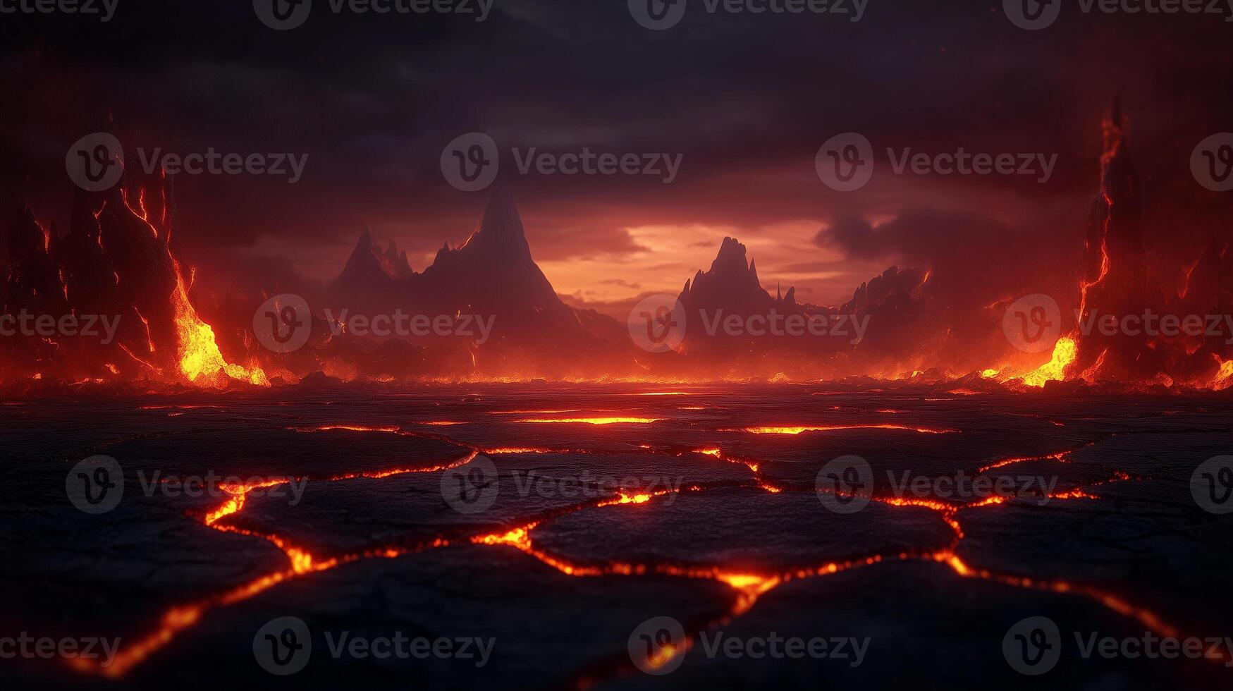 dramatic volcanic landscape with flowing lava and cracked earth, illuminated by fiery sunset. scene evokes sense of power and danger in surreal environment photo